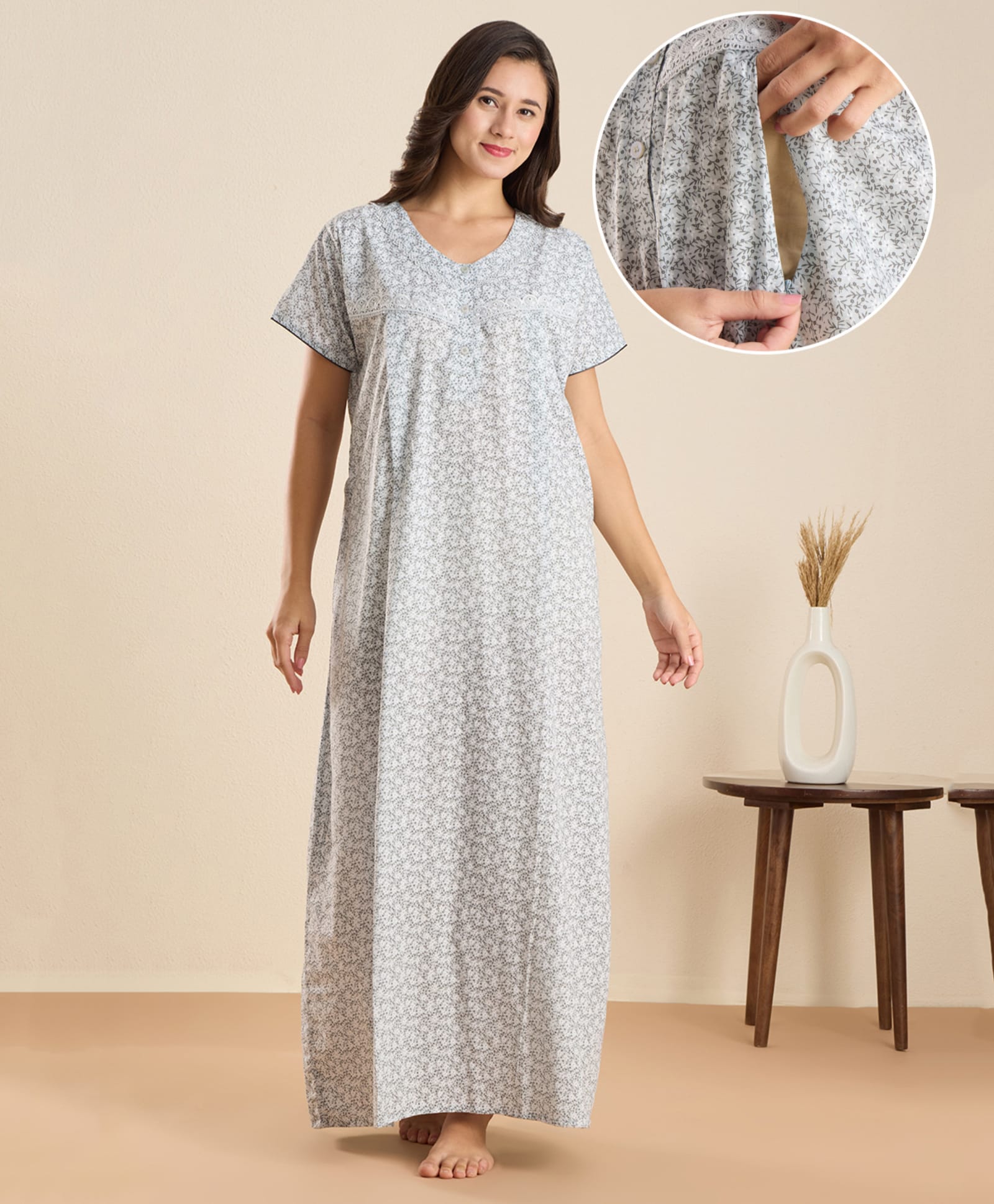 NIGHTSPREE Cotton Blend Woven Half Sleeves Floral Printed Maternity Nighty With Side Zipper Nursing Access - Blue-image-22