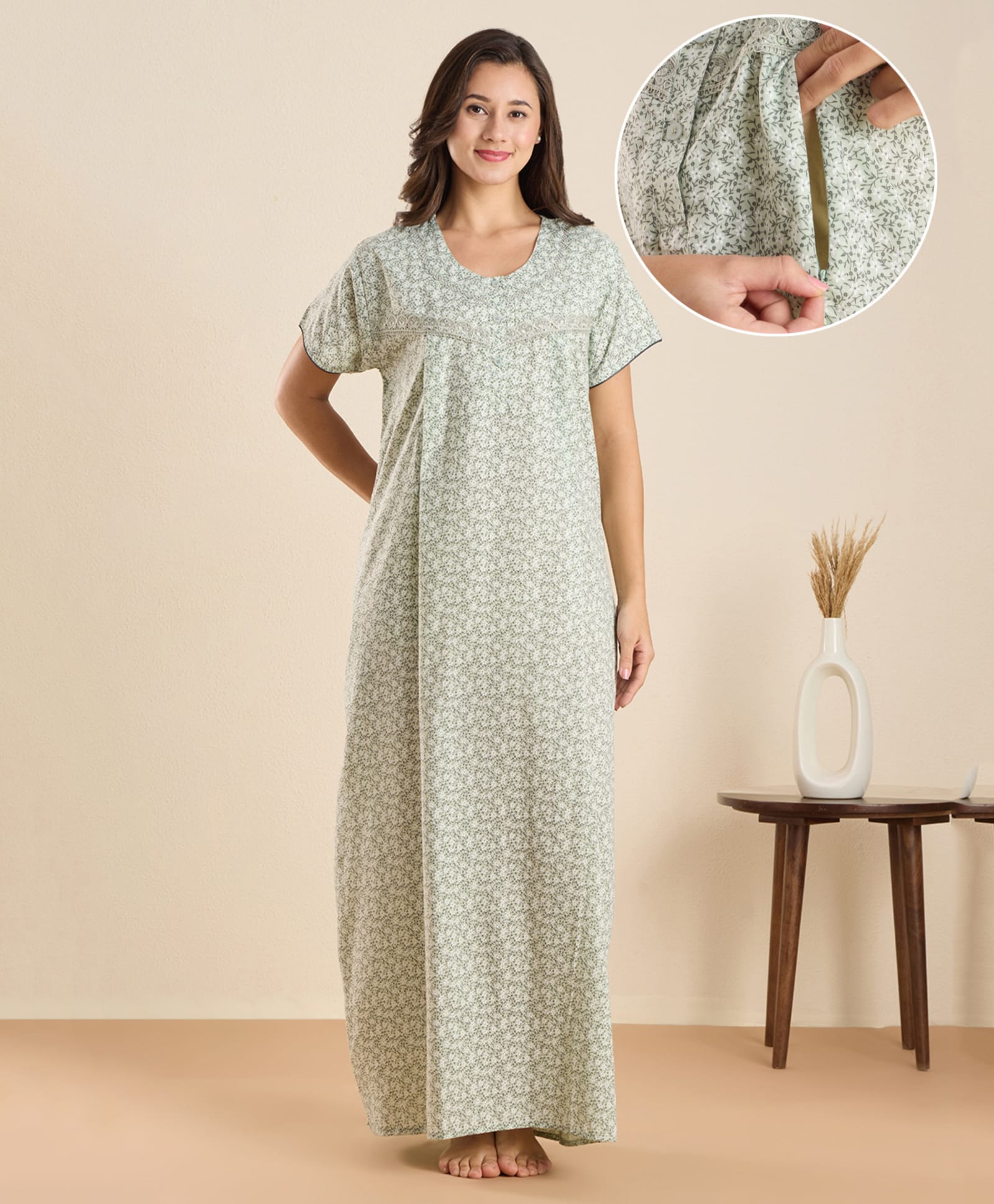 NIGHTSPREE Cotton Blend Woven Half Sleeves Floral Printed Maternity Nighty With Side Zipper Nursing Access - Green-picture-13