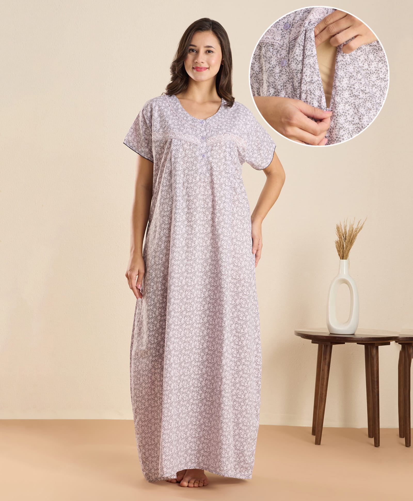NIGHTSPREE Cotton Blend Woven Half Sleeves Floral Printed Maternity Nighty With Side Zipper Nursing Access - Pink-image-39