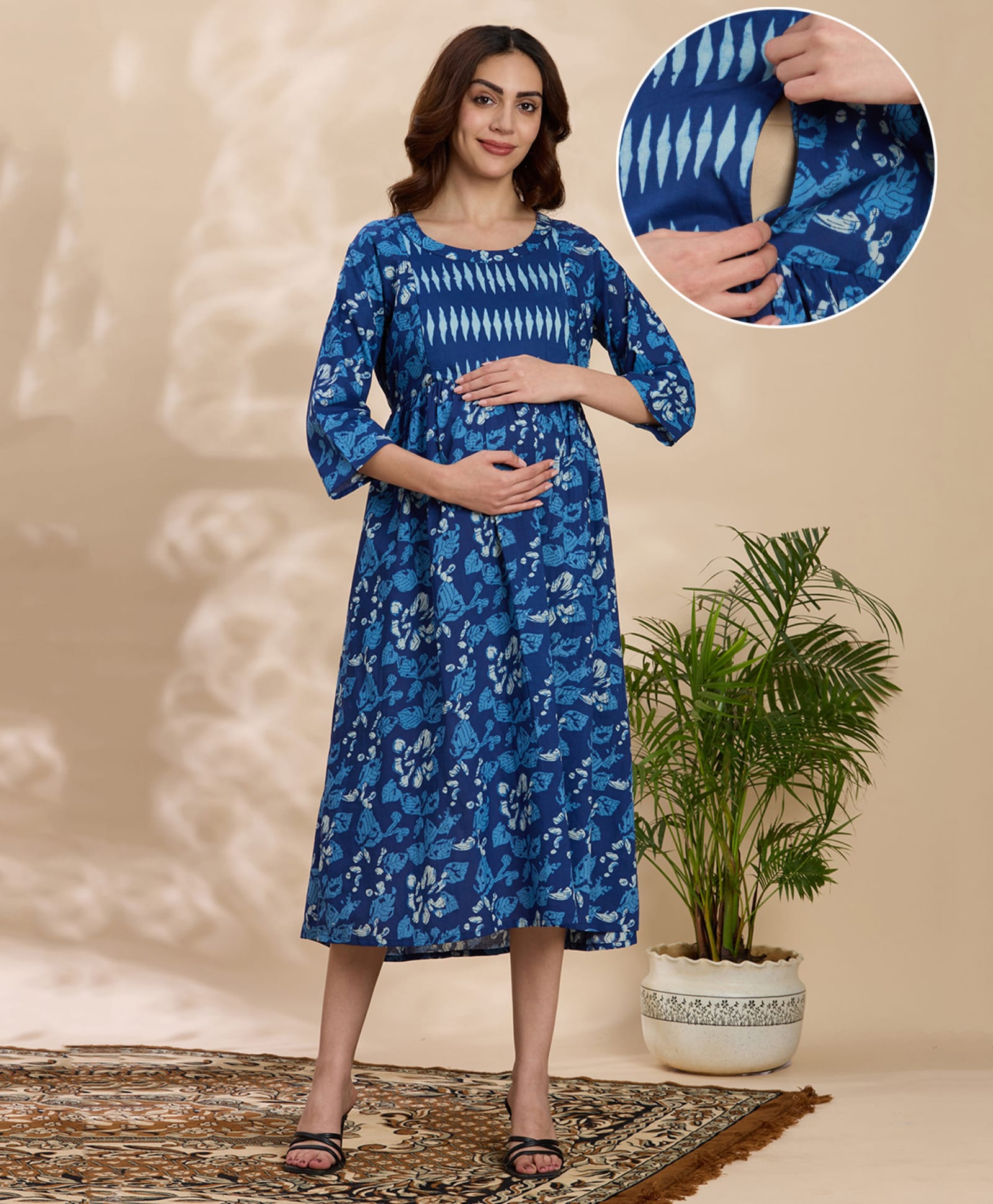 NIGHTSPREE Pure Cotton Woven Three Fourth Sleeves Leaf Printed Maternity Dress With Side Zipper Nursing Access - Blue-image-42