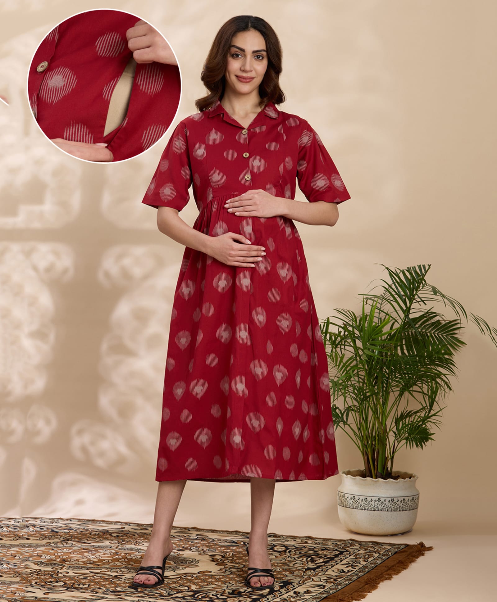 NIGHTSPREE Cotton Woven Half Sleeves Abstract Printed Maternity Dress With Side Zipper Nursing Access - Maroon-picture-22