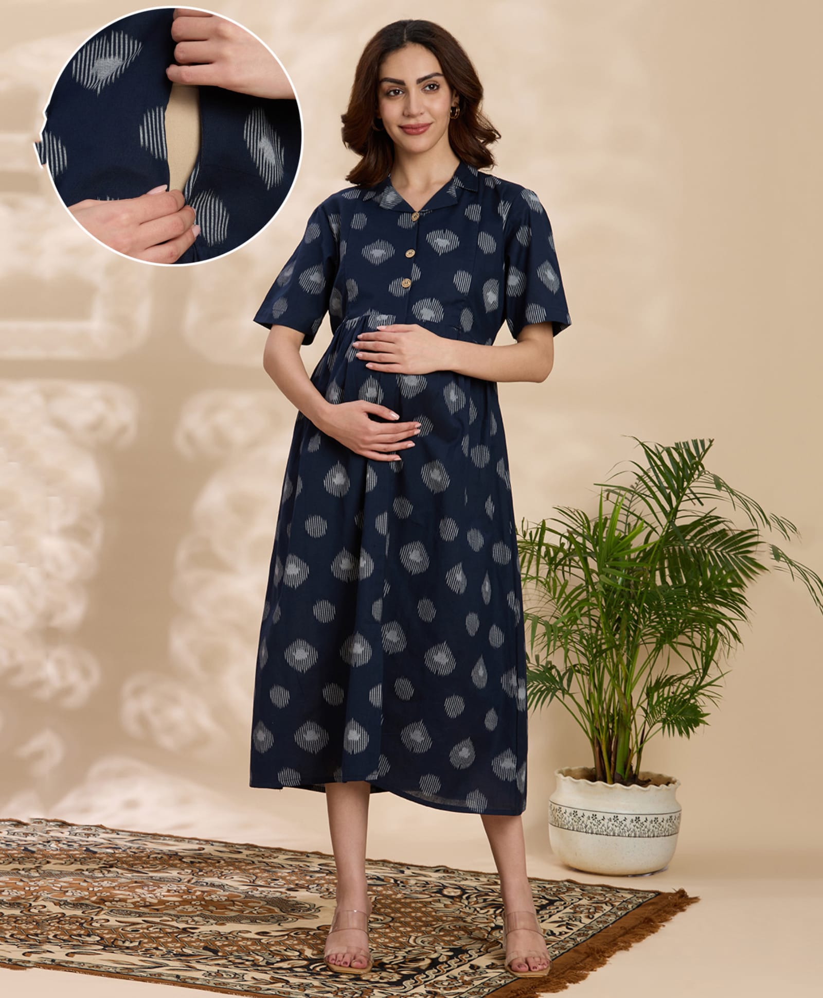 NIGHTSPREE Cotton Woven Half Sleeves Abstract Printed Maternity Dress With Side Zipper Nursing Access - Navy Blue-picture-23