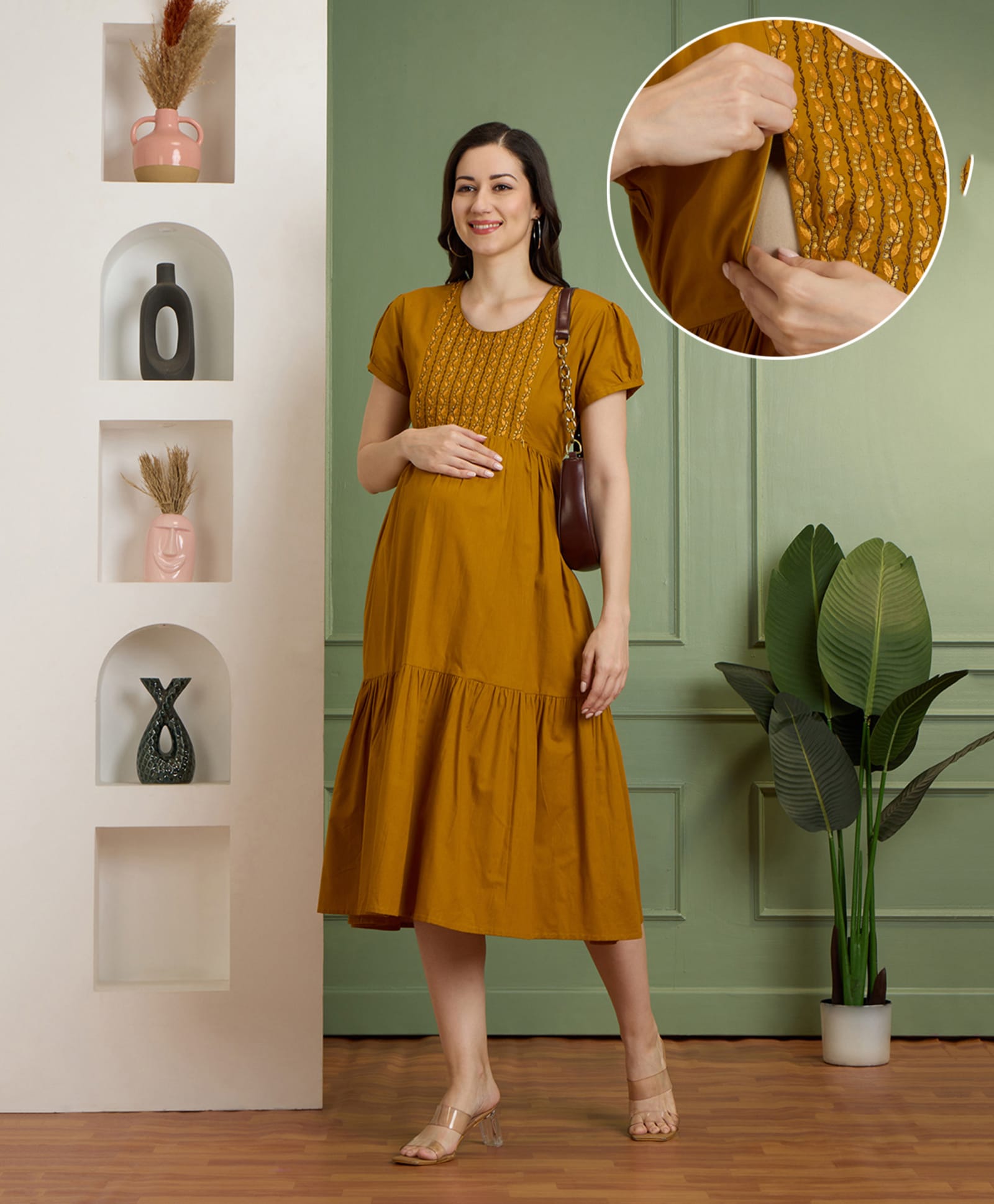 NIGHTSPREE Pure Cotton Woven Half Sleeves Leaves Embroidered Maternity Dress With Side Zipper Nursing Access - Mustard-picture-21