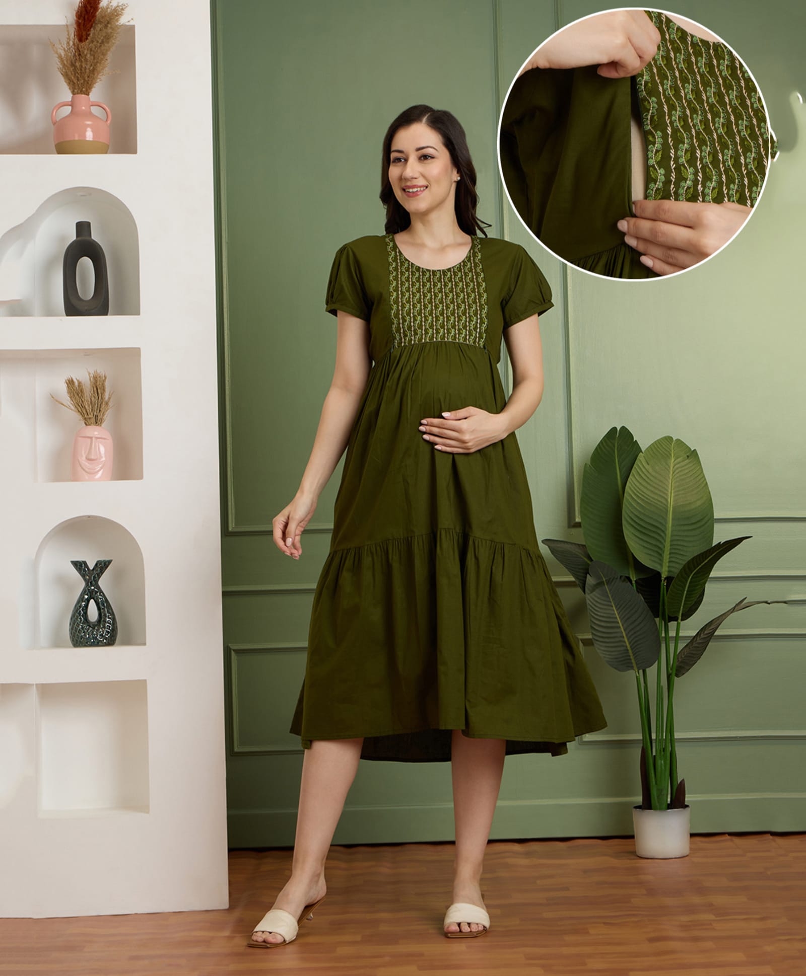 NIGHTSPREE Pure Cotton Woven Half Sleeves Leaves Embroidered Maternity Dress With Side Zipper Nursing Access - Olive Green-image-25