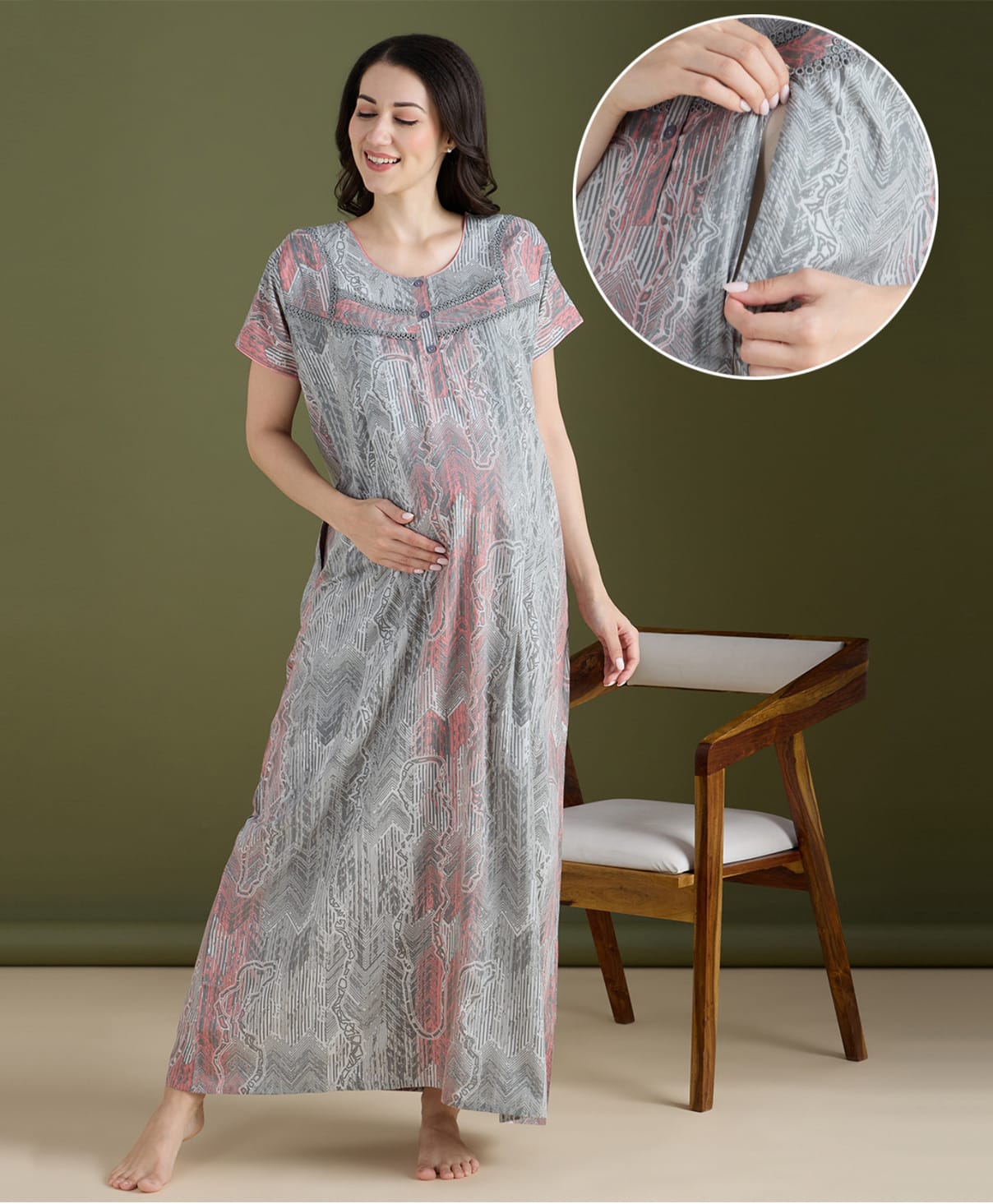 NIGHTSPREE Cotton Blend Woven Half Sleeves Abstract & Geometric Printed Maternity Nighty With Side Zipper Nursing Access - Grey-image-13