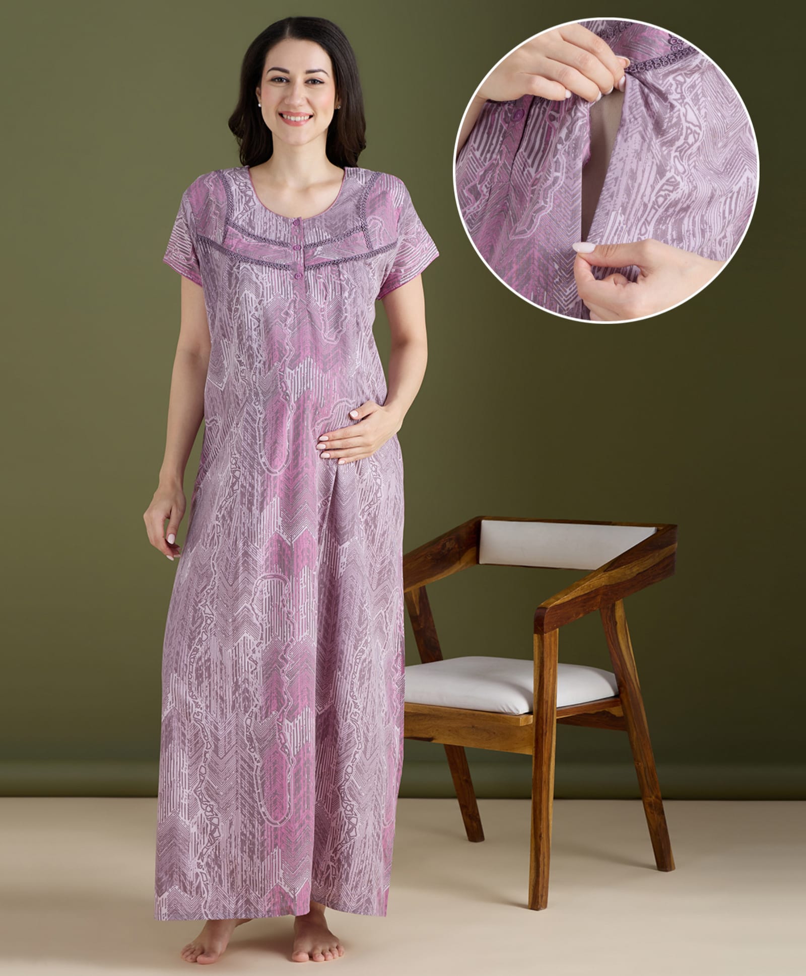 NIGHTSPREE Cotton Blend Woven Half Sleeves Abstract & Geometric Printed Maternity Nighty With Side Zipper Nursing Access - Pink-picture-11