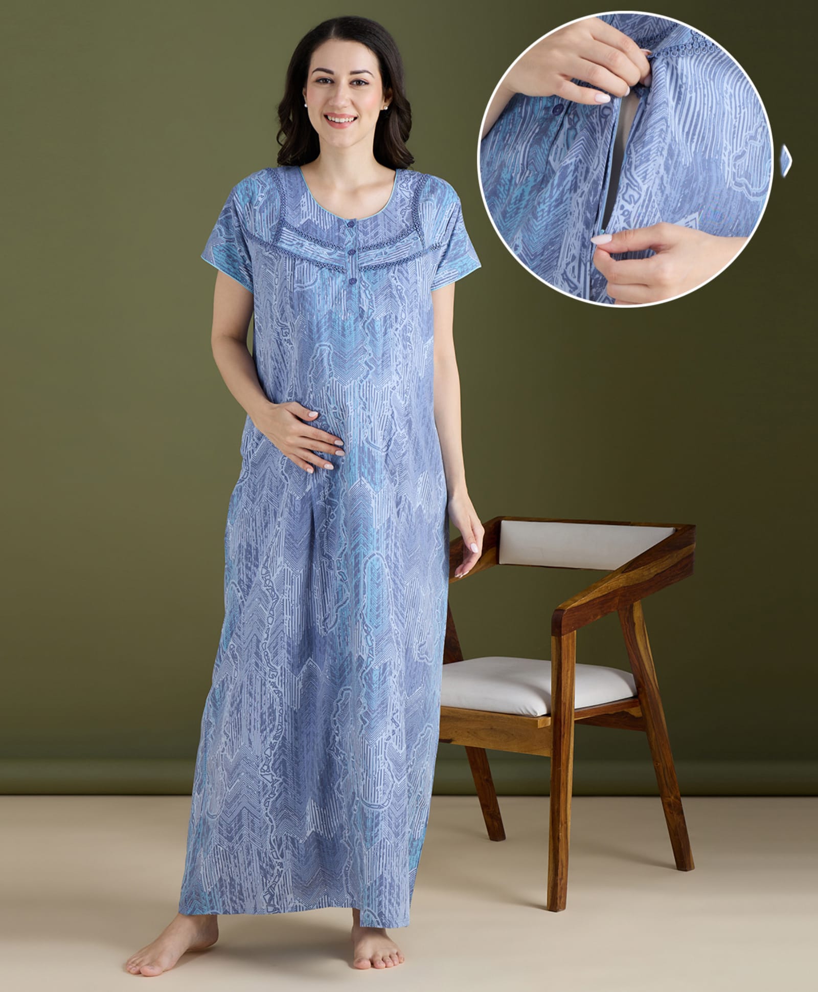 NIGHTSPREE Cotton Blend Woven Half Sleeves Abstract & Geometric Printed Maternity Nighty With Side Zipper Nursing Access - Blue-picture-11
