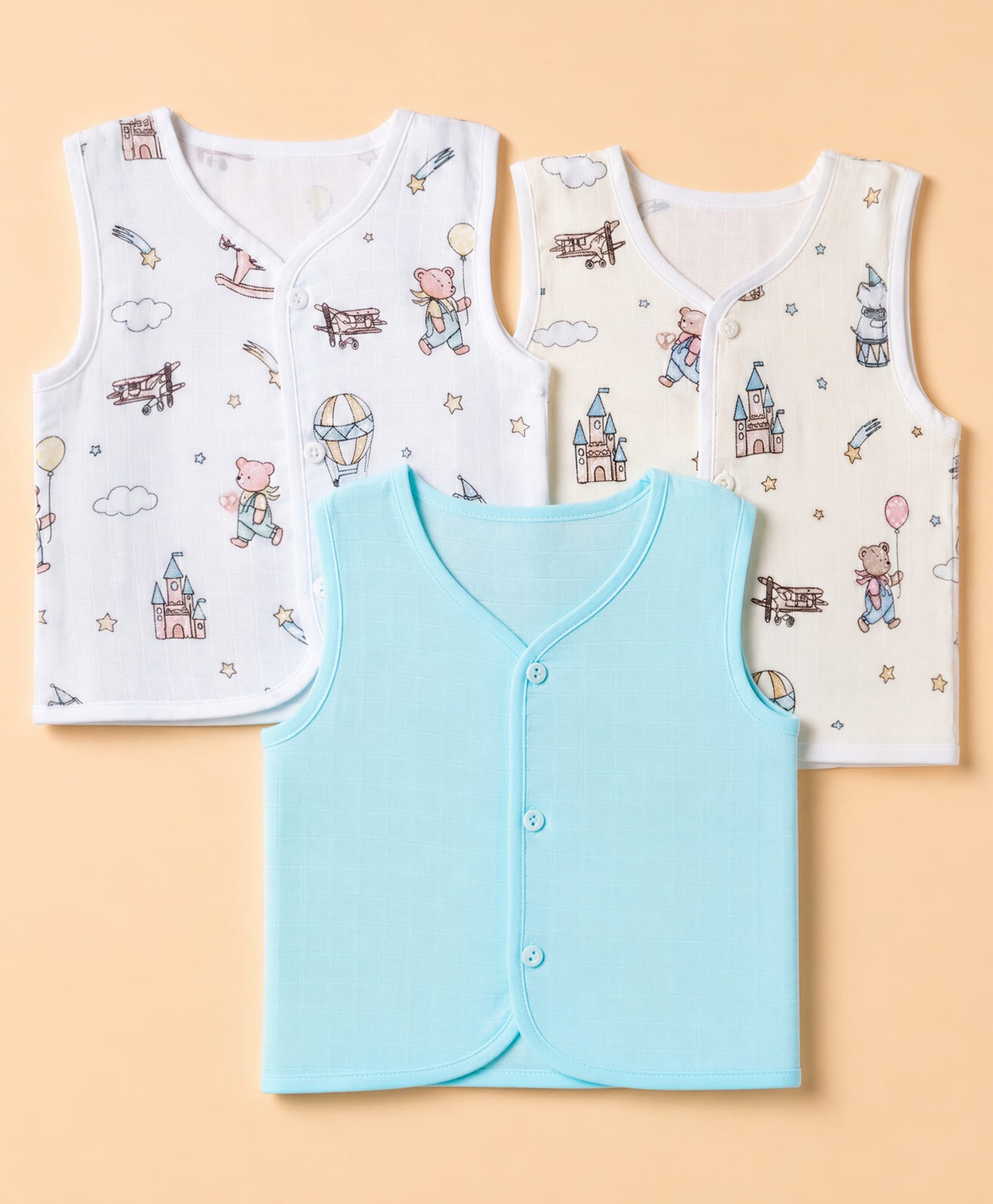 Babyhug 100% Cotton Woven Sleeveless Solid & Bear Printed Front Open Jhablas Pack Of 3 - Light Blue & White-image-48