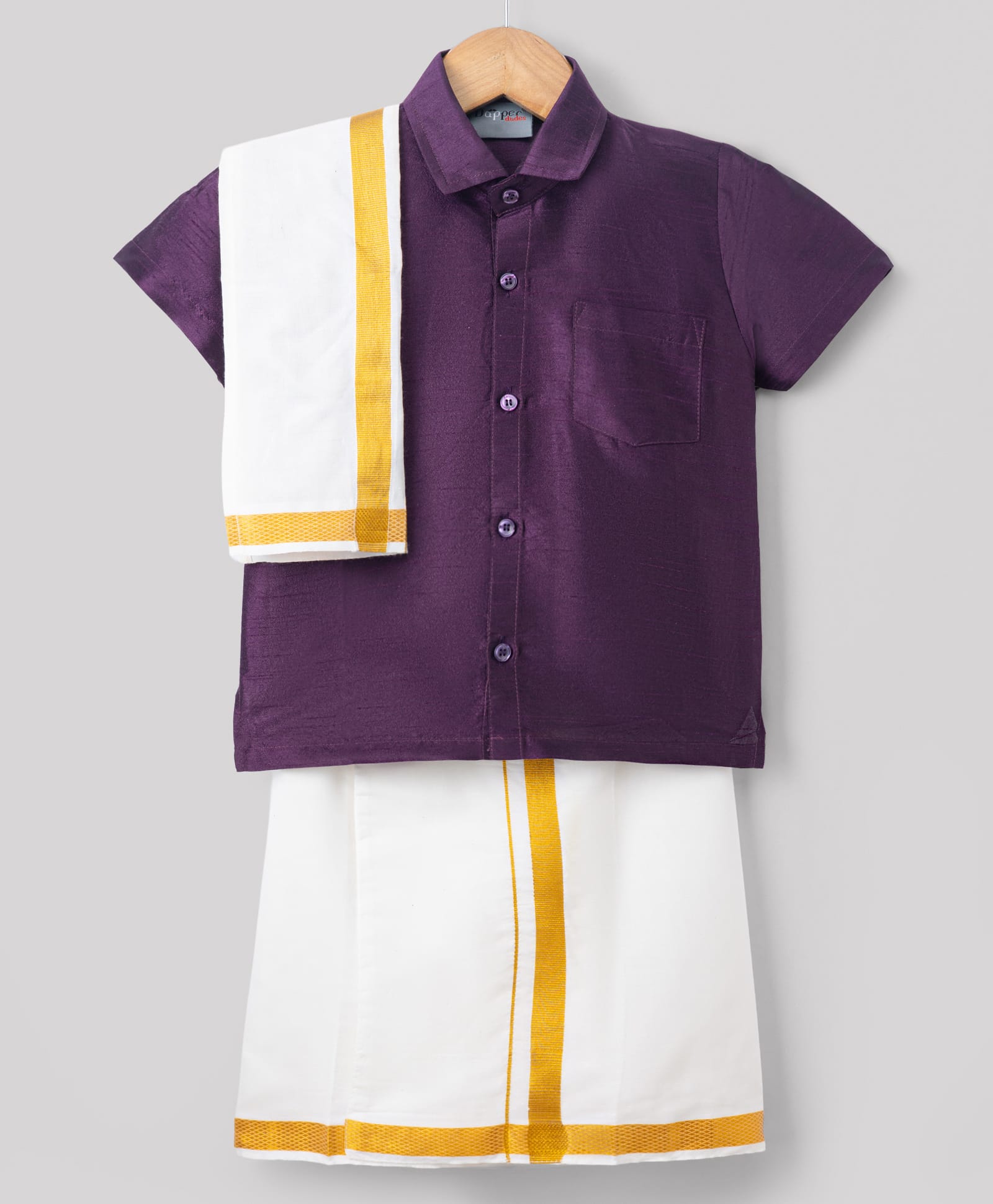 Dapper Dudes Cotton Silk Woven Half Sleeves Solid Shirt With Mundu & Angavastram-Wine-image-48
