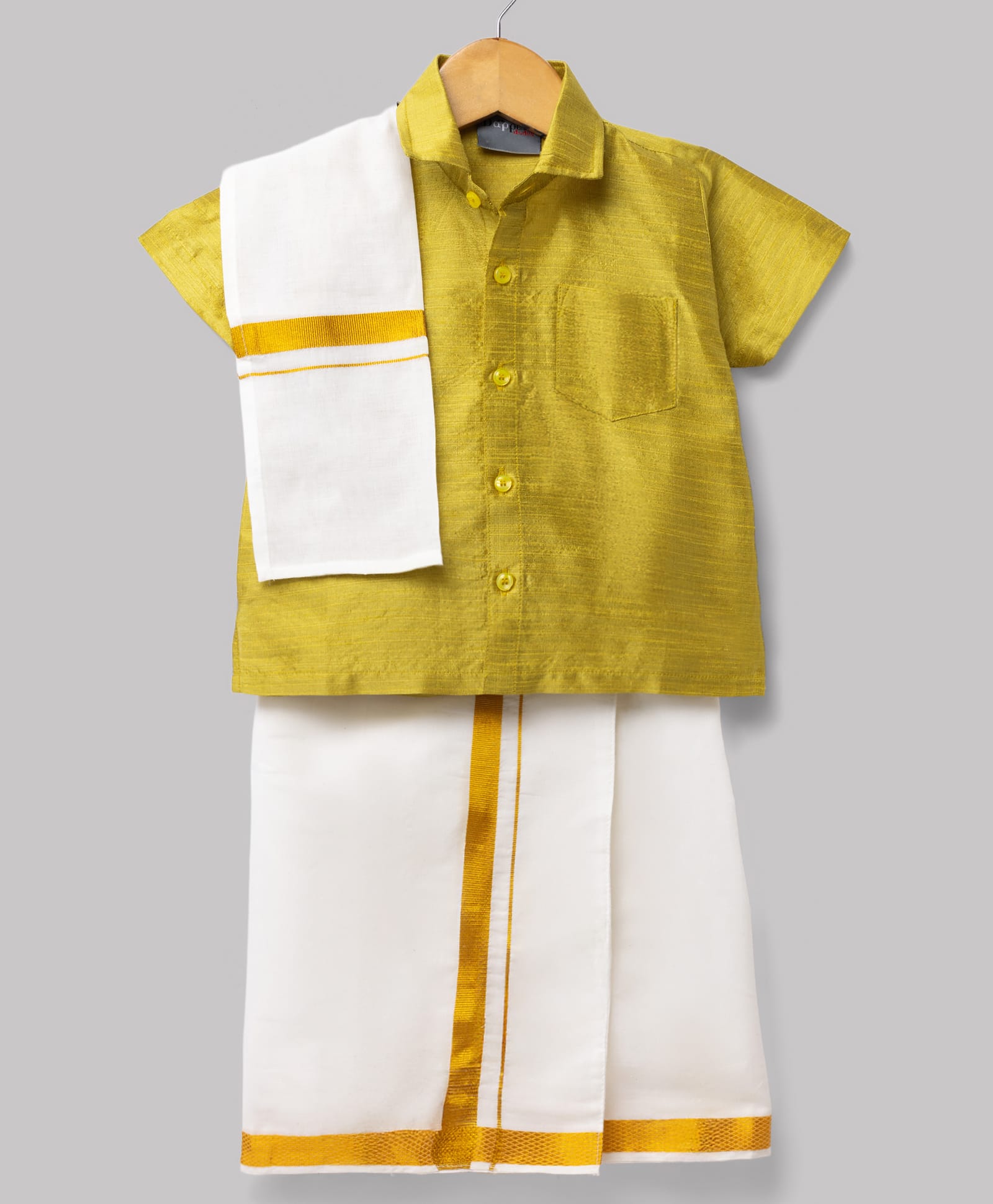 Dapper Dudes Cotton Silk Knit Half Sleeves Solid Shirt With Mundu & Angavastram- Mustard-picture-14