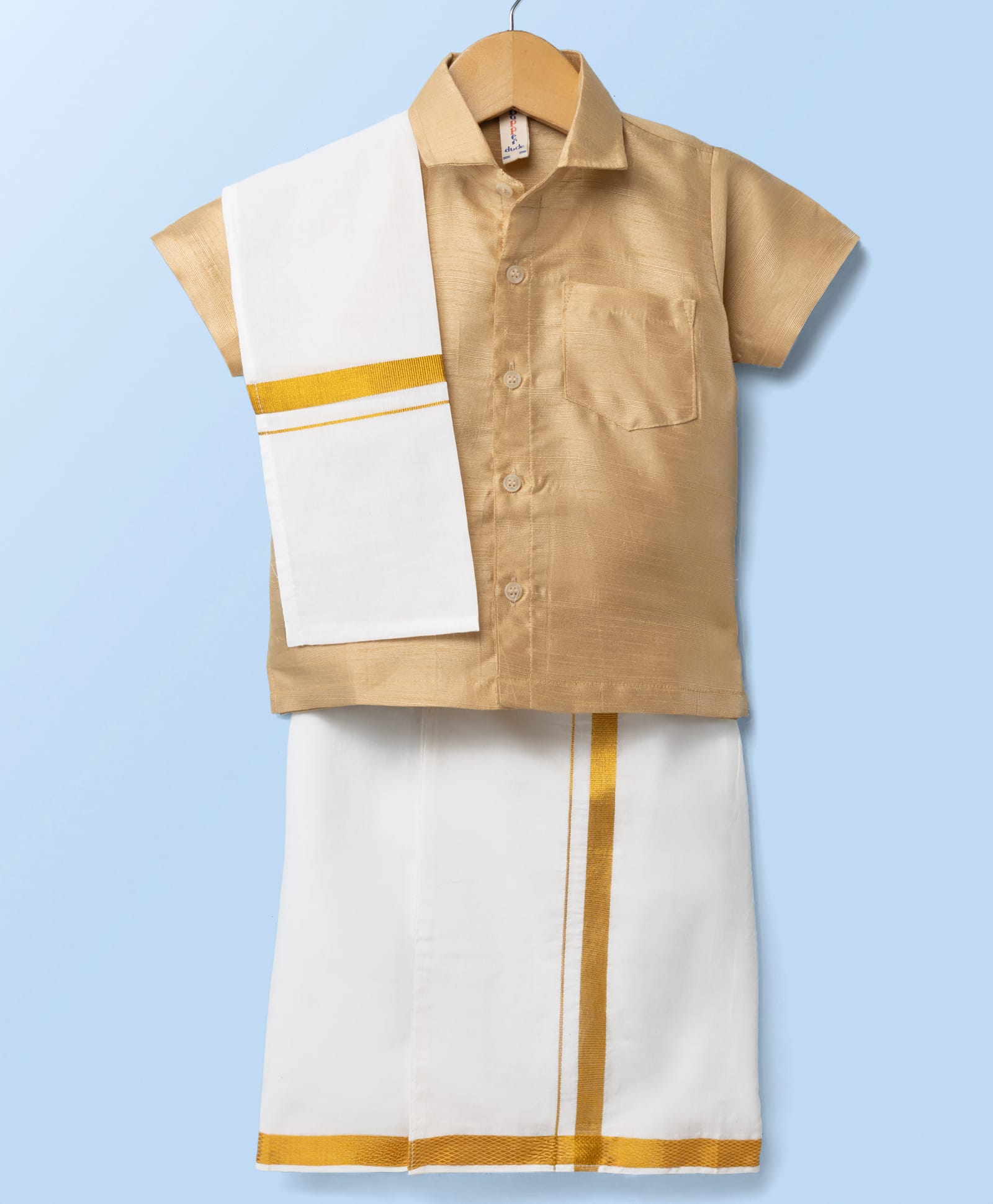 Dapper Dudes Cotton Silk Knit Half Sleeves Solid Shirt With Mundu & Angavastram- Tan-picture-26