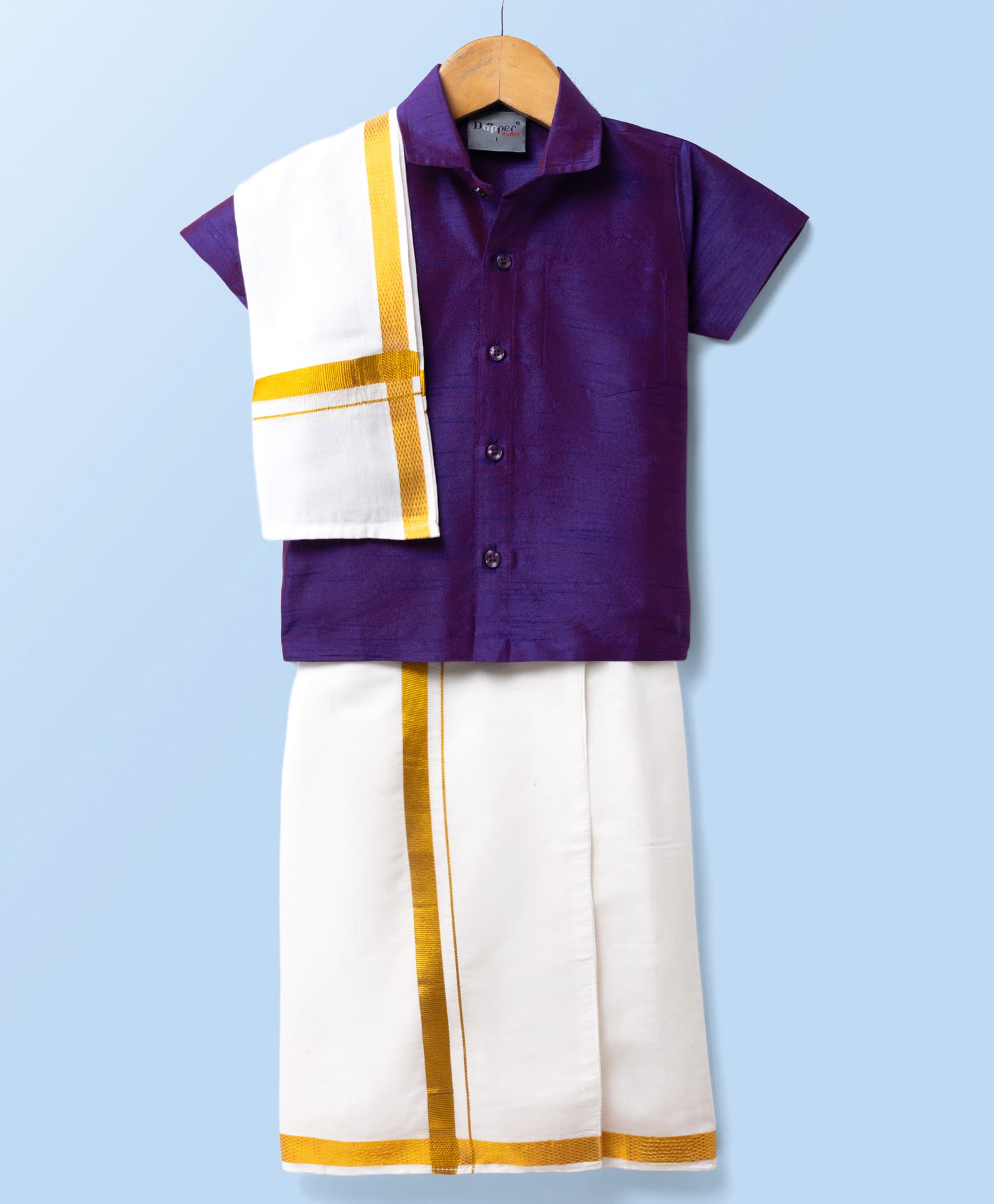 Dapper Dudes Cotton Silk Knit Half Sleeves Solid Shirt With Mundu & Angavastram- Purple-picture-33