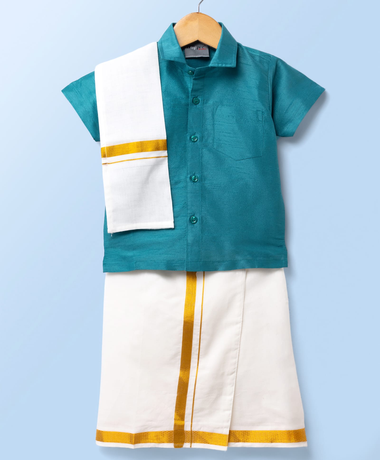 Dapper Dudes Cotton Silk Knit Half Sleeves Solid Shirt With Mundu & Angavastram-Teal Blue-picture-35