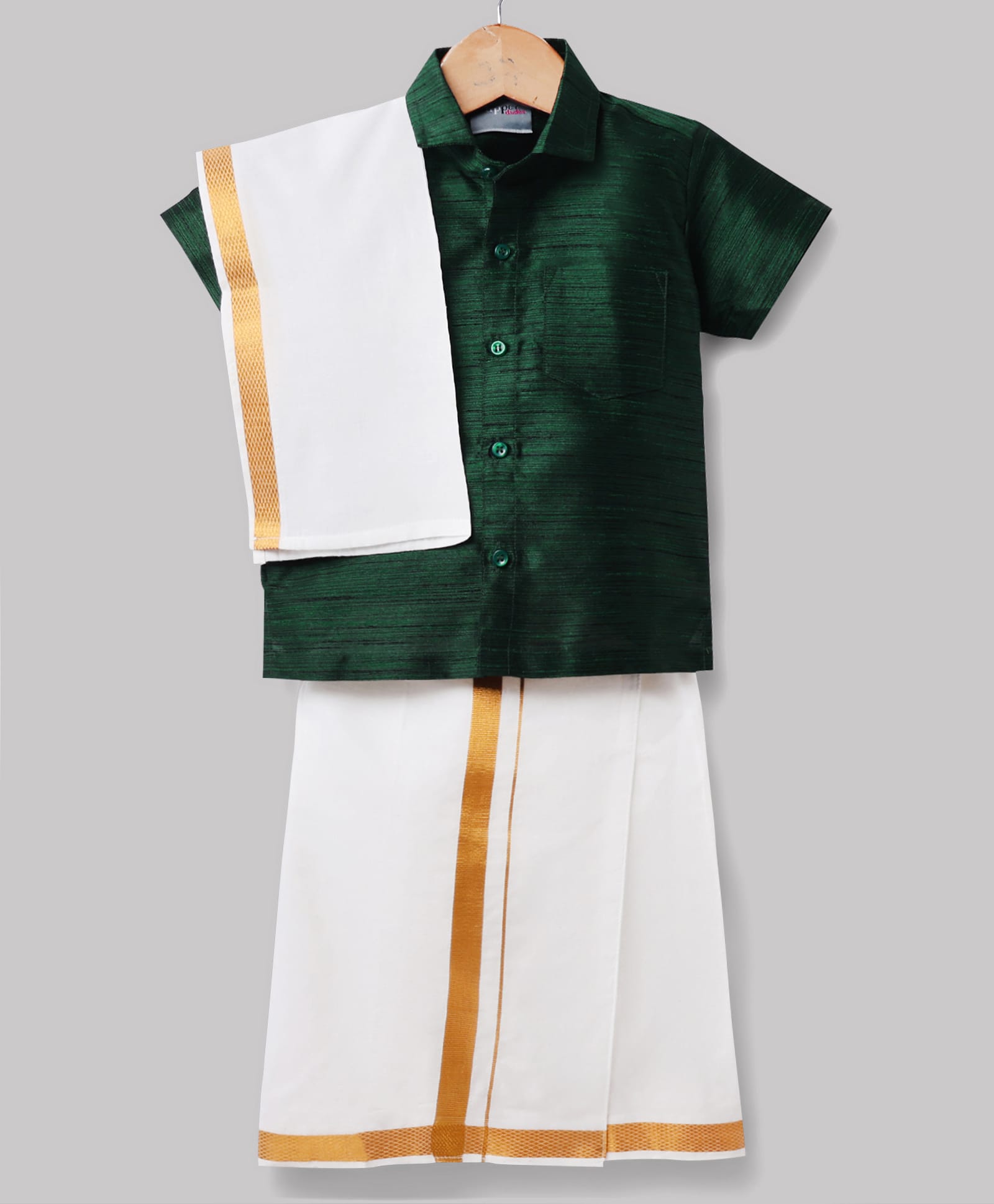 Dapper Dudes Cotton Silk Knit Half Sleeves Solid Shirt With Mundu & Angavastram-Dark Green-picture-37