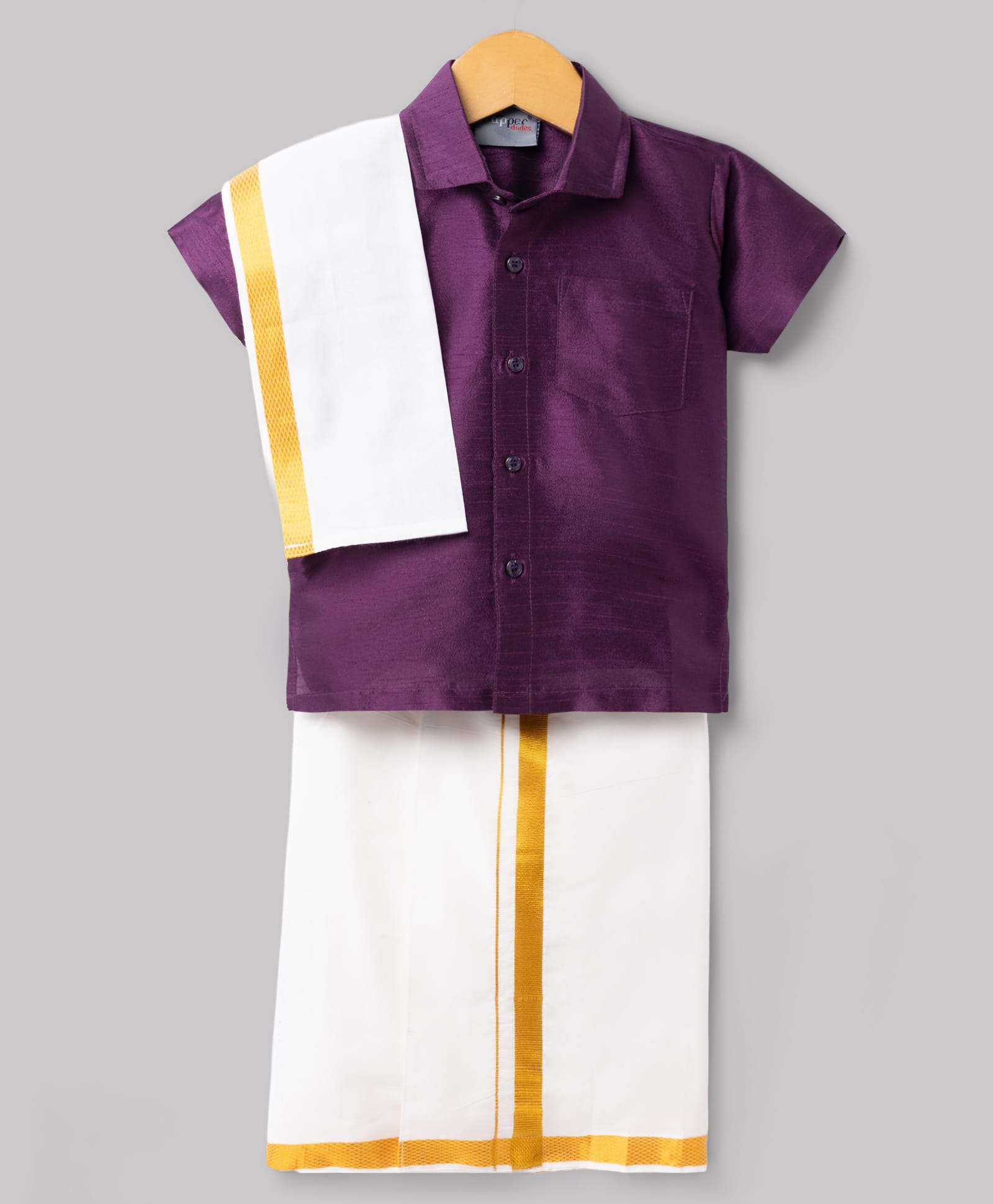 Dapper Dudes Cotton Silk Knit Half Sleeves Solid Shirt With Mundu & Angavastram- Wine-picture-36