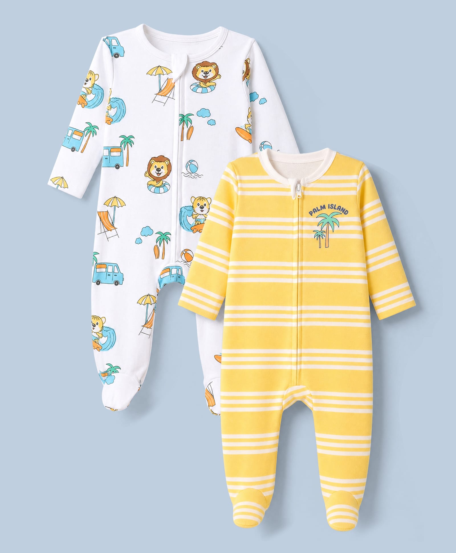 Babyhug Cotton Knit Full Sleeves Front Open Striped Sleepsuit With Beach & Animal Print Pack of 2 - White & Yellow-image-48