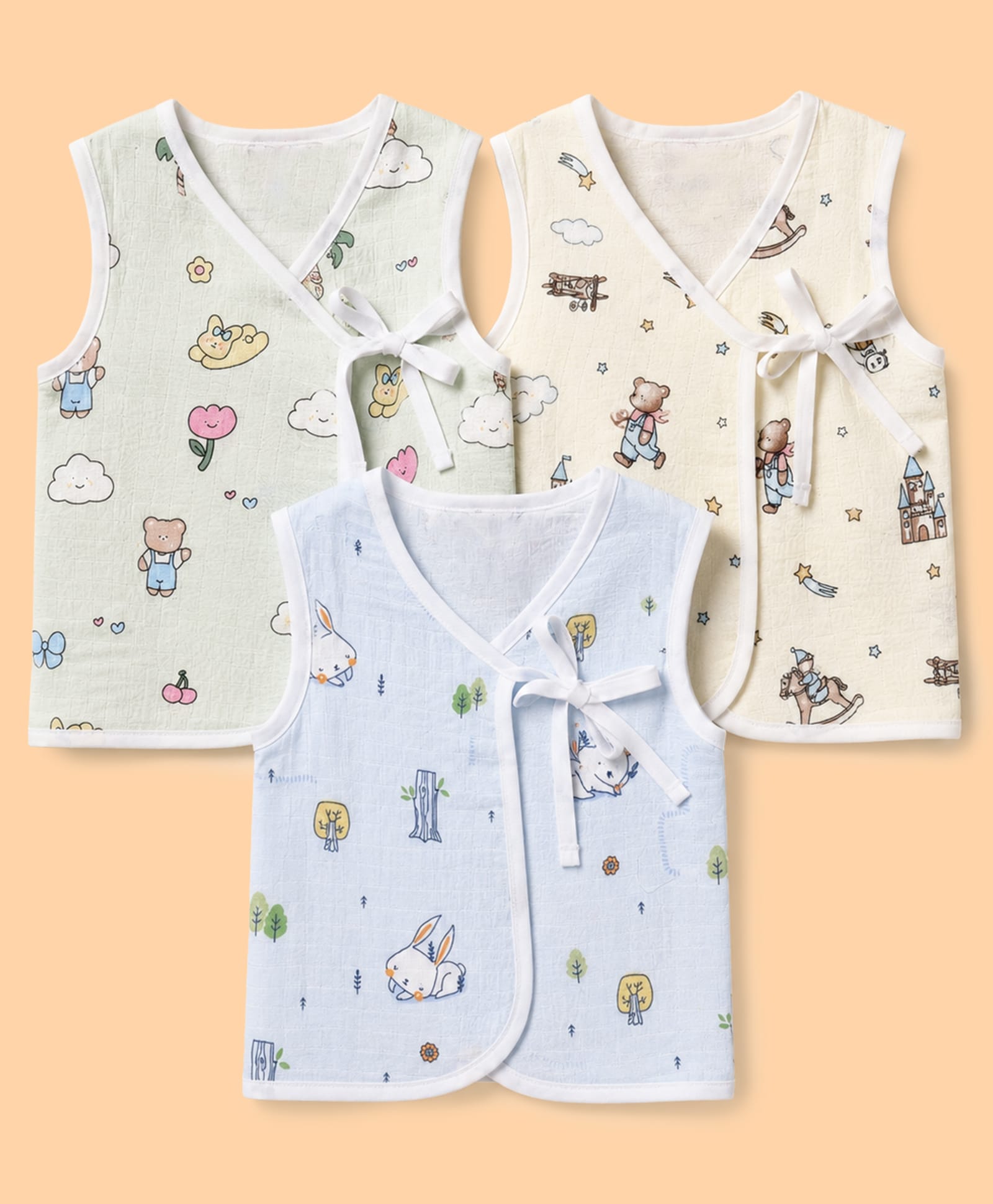 Babyhug 100% Cotton Woven Sleeveless Bunny Bear & Floral Printed Front Tie Up Jhablas Pack Of 3 - Light Blue Cream & Light Green-picture-19