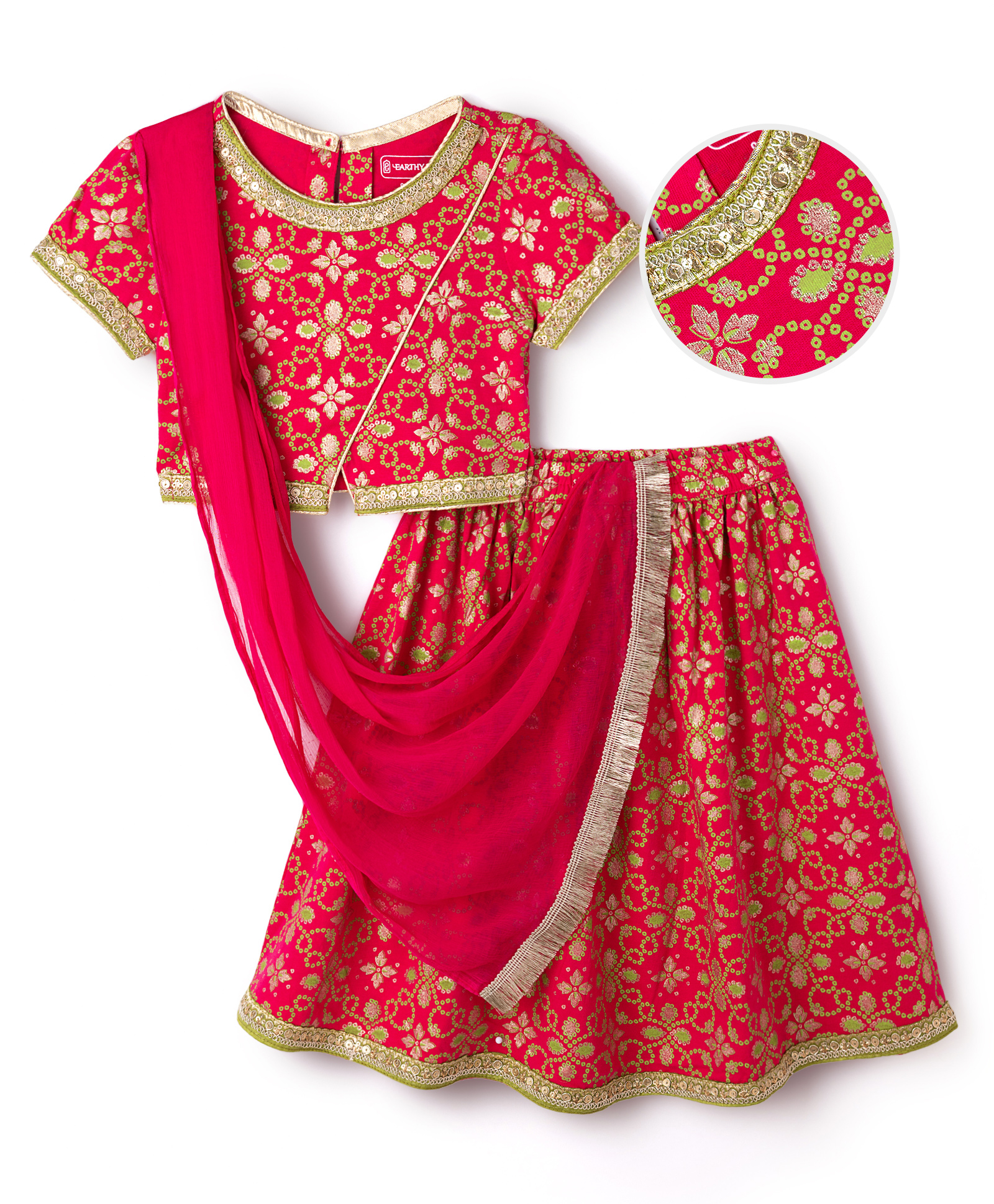 EARTHY TOUCH Cotton Jersey Knit Half Sleeves Lehenga Choli & Dupatta Set With Sequin Detailing & Floral Foil Print - Dark Pink-picture-25