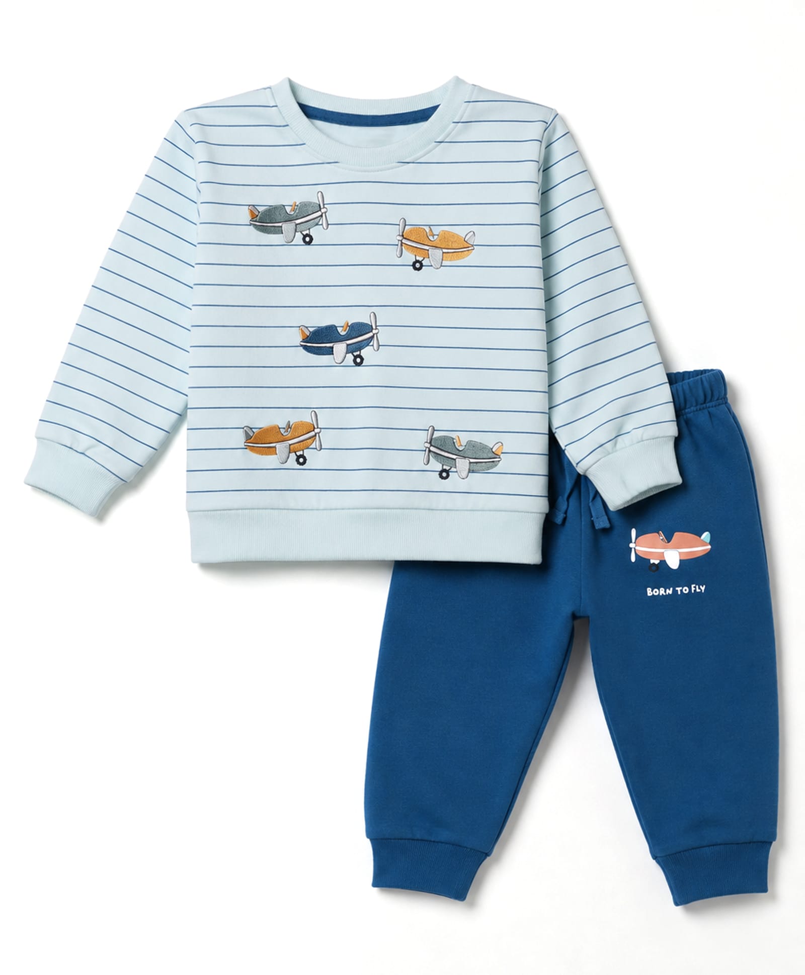 CUCUMBER Fleece Knit Full Sleeves Striped Aeroplane Embroidered Winter Wear Suit - Light Blue-picture-46
