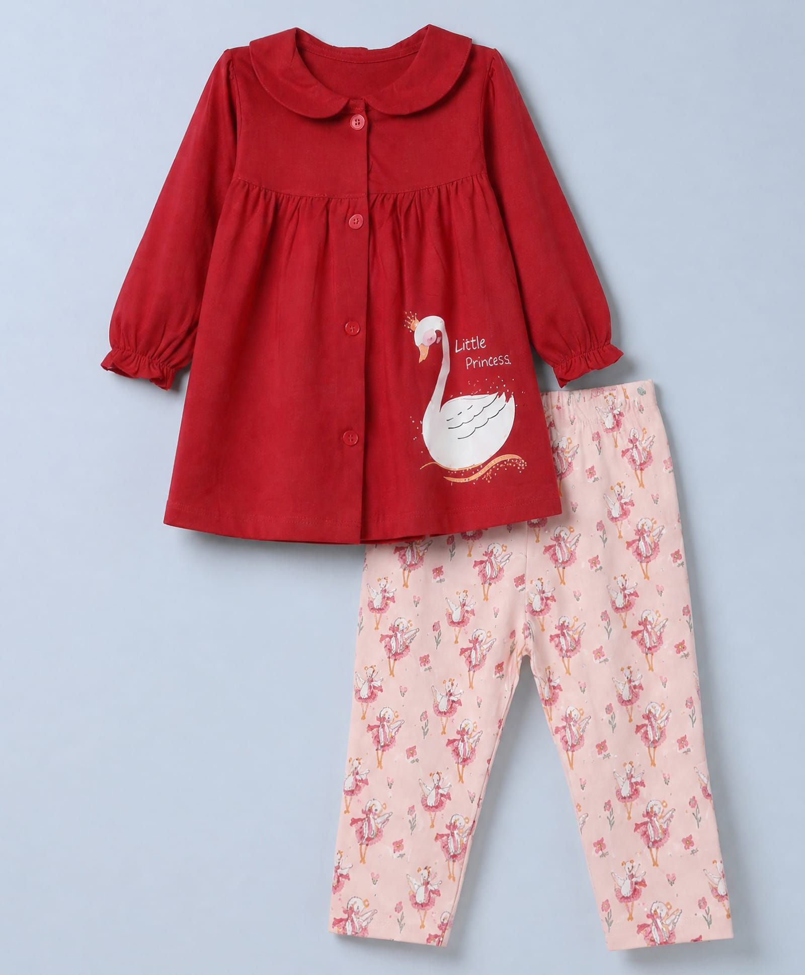 CUCUMBER Sinker Knit Full Sleeves Swan Printed Top & Pant Set - Red-picture-16