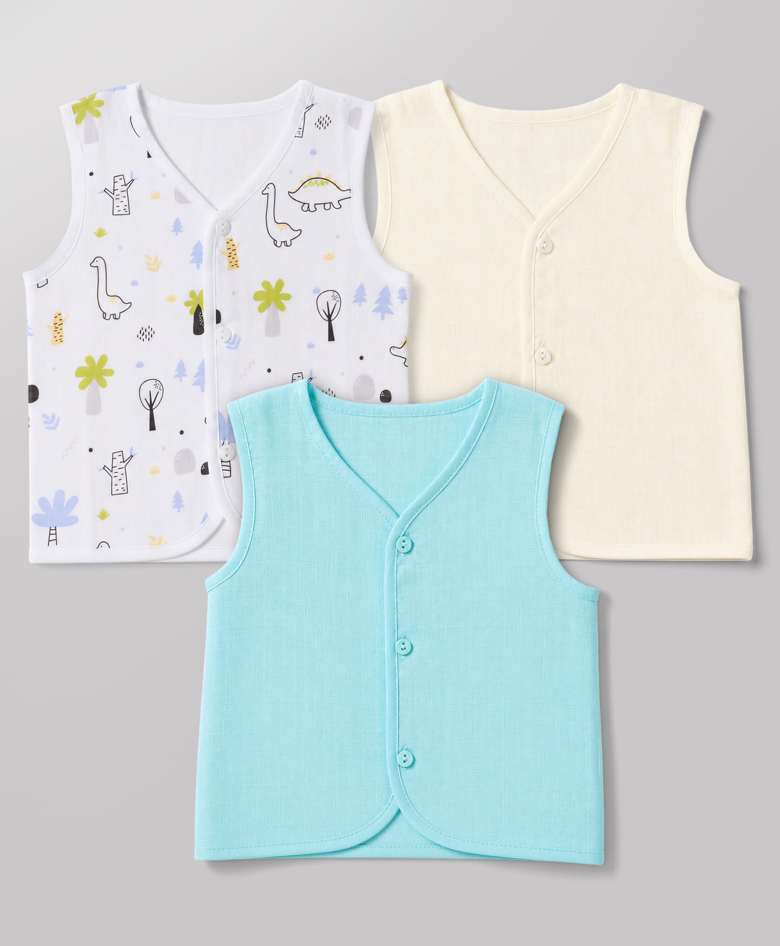 Babyhug Muslin 100% Cotton Woven Sleeveless Jhablas with Forest & Dinosaur Print Pack of 3 - Aqua Blue , White & Yellow-picture-12