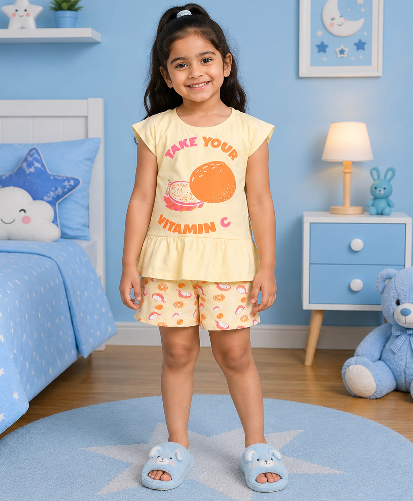 Kiddopanti Cotton Knit Cap Sleeves Take Your Vitamin C Text Printed Tee & Shorts Night Suit - Cream-image-17