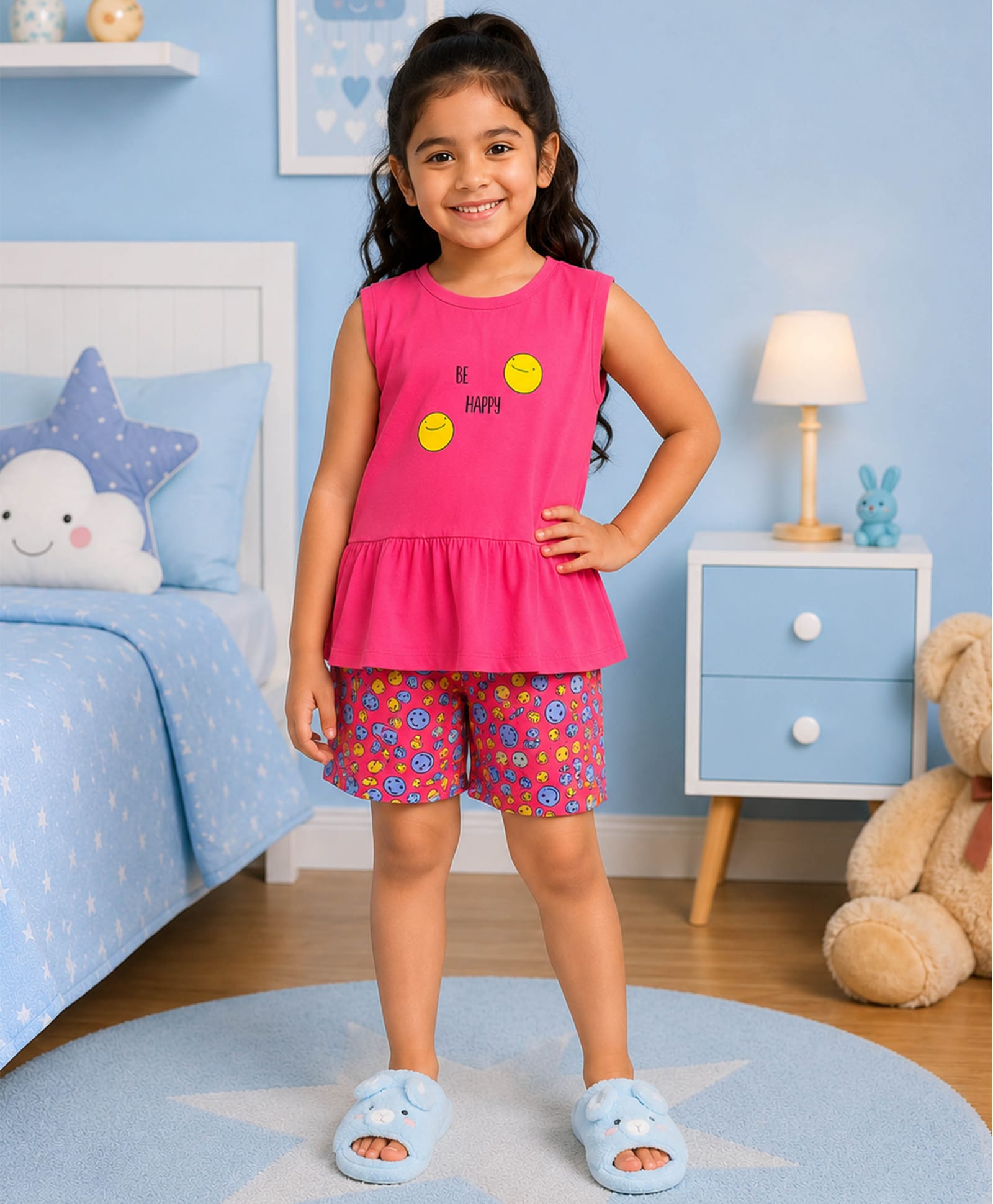 Kiddopanti Cotton Knit Sleeveless Be Happy Text Printed Tee & Shorts Night Suit - Pink-image-48