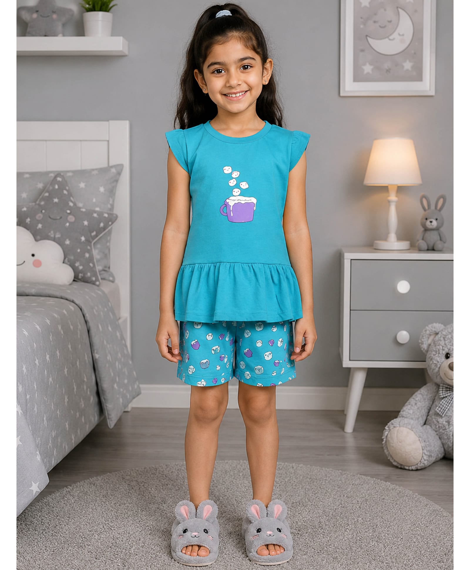 Kiddopanti Cotton Knit Cap Sleeves Mug Printed Tee & Shorts Night Suit - Teal Blue-image-13
