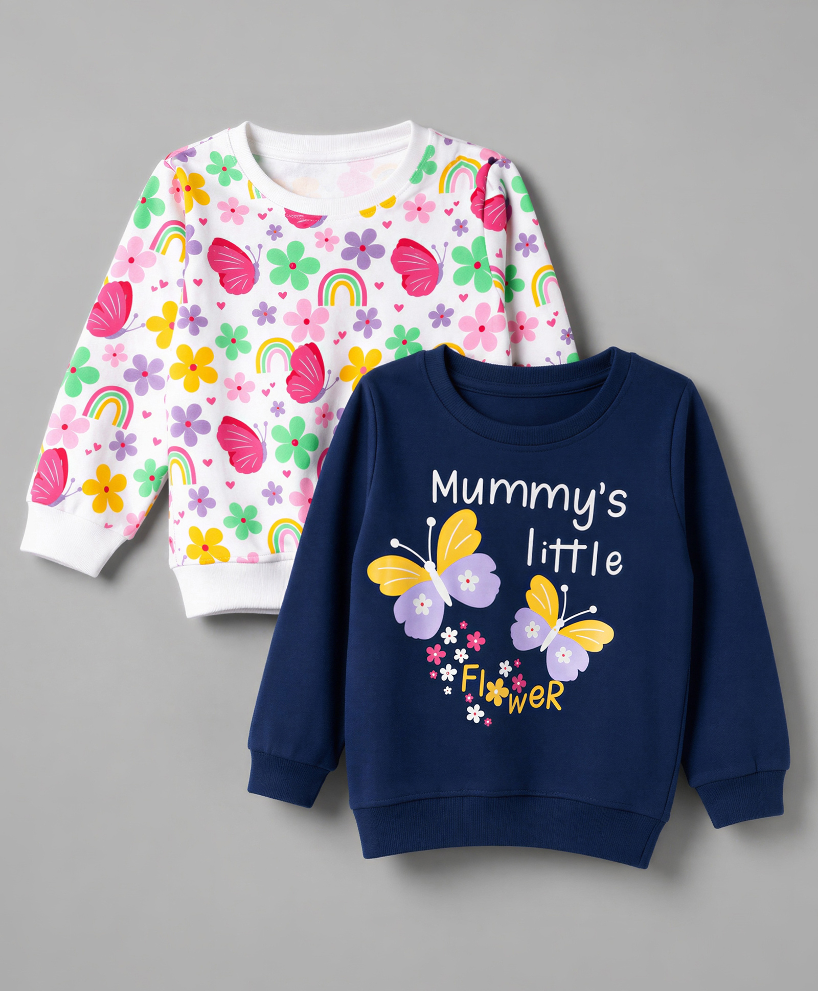 Babyhug Cotton Terry Knit Full Sleeves Butterfly & Floral Printed Sweatshirt Pack of 2 - Navy & White-image-23