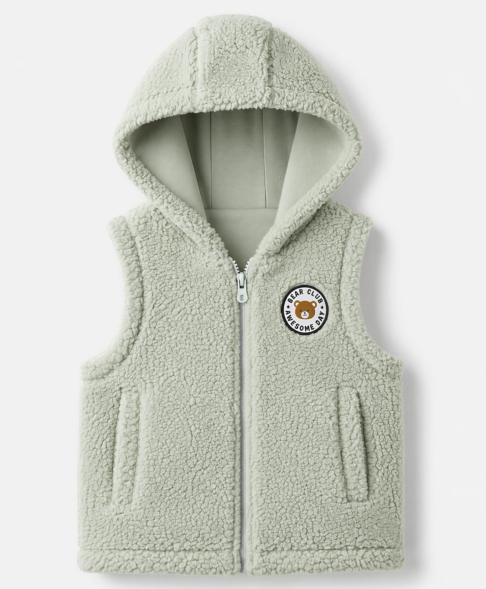 Babyhug Cotton Fur Woven Sleeveless Jacket with Bear Club Badge - Light Green-image-7