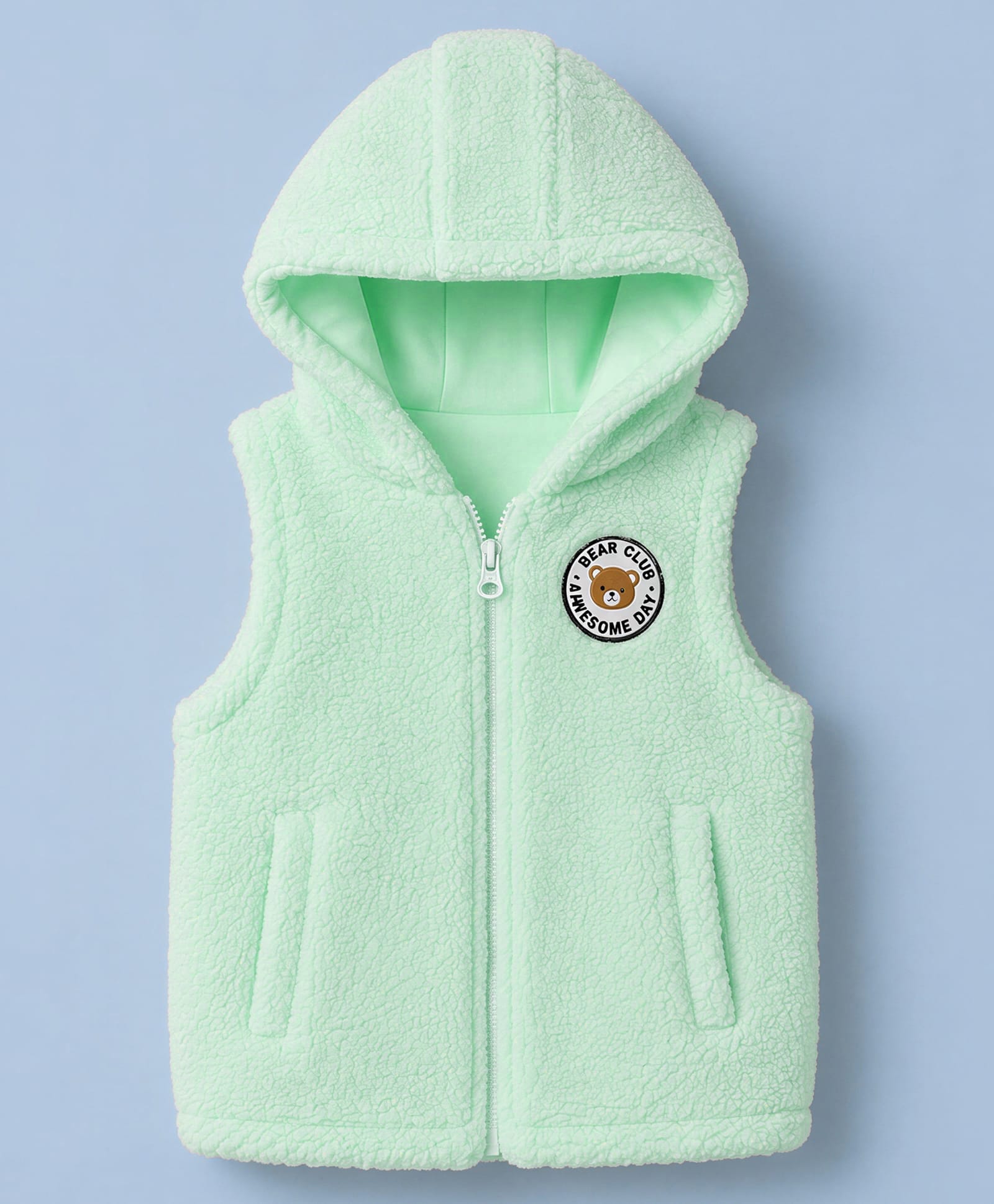 Babyhug Cotton Fur Woven Sleeveless Jacket with Bear Club Badge - Cream-image-1