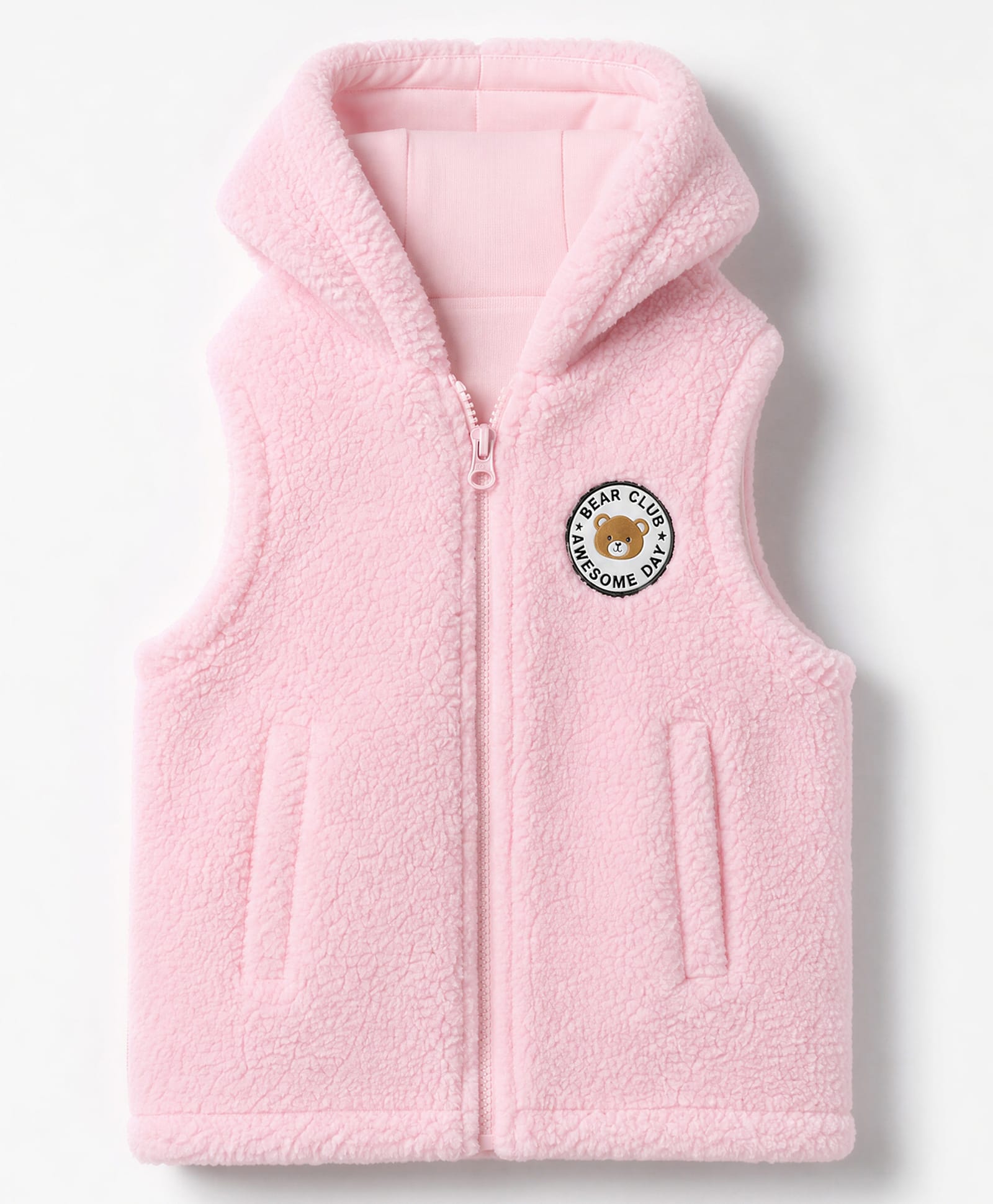 Babyhug Fur Woven Sleeveless Jacket with Bear Club Badge - Pink-picture-22