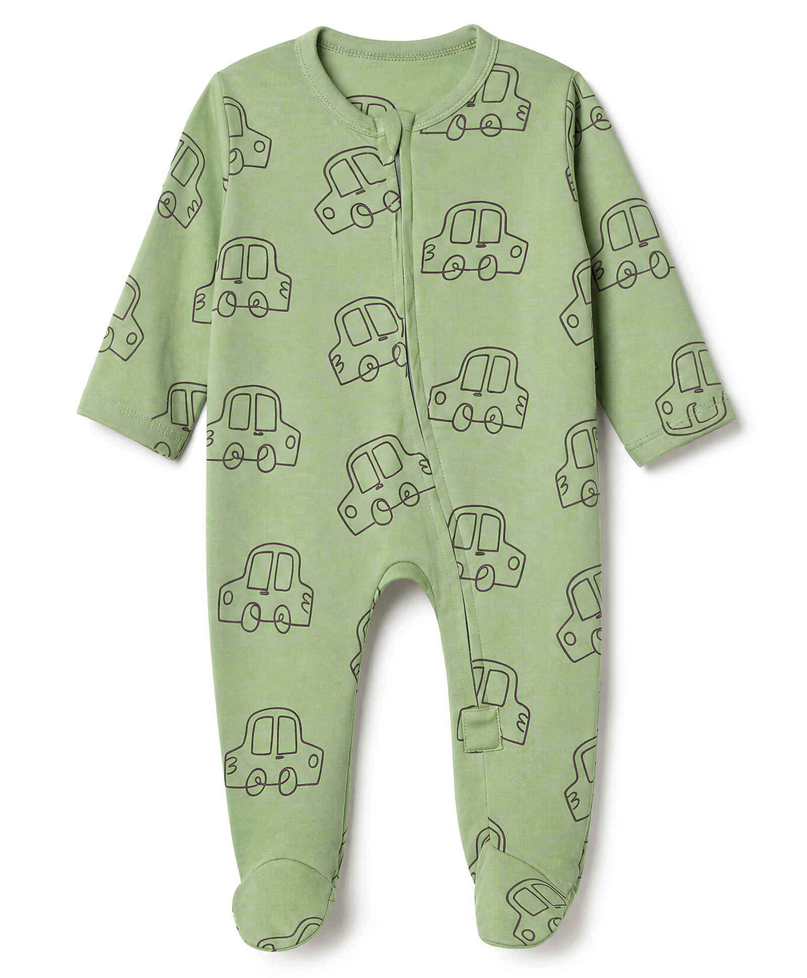 Babyhug Cotton Knit Full Sleeves Sleepsuit with Car Print - Green-picture-3