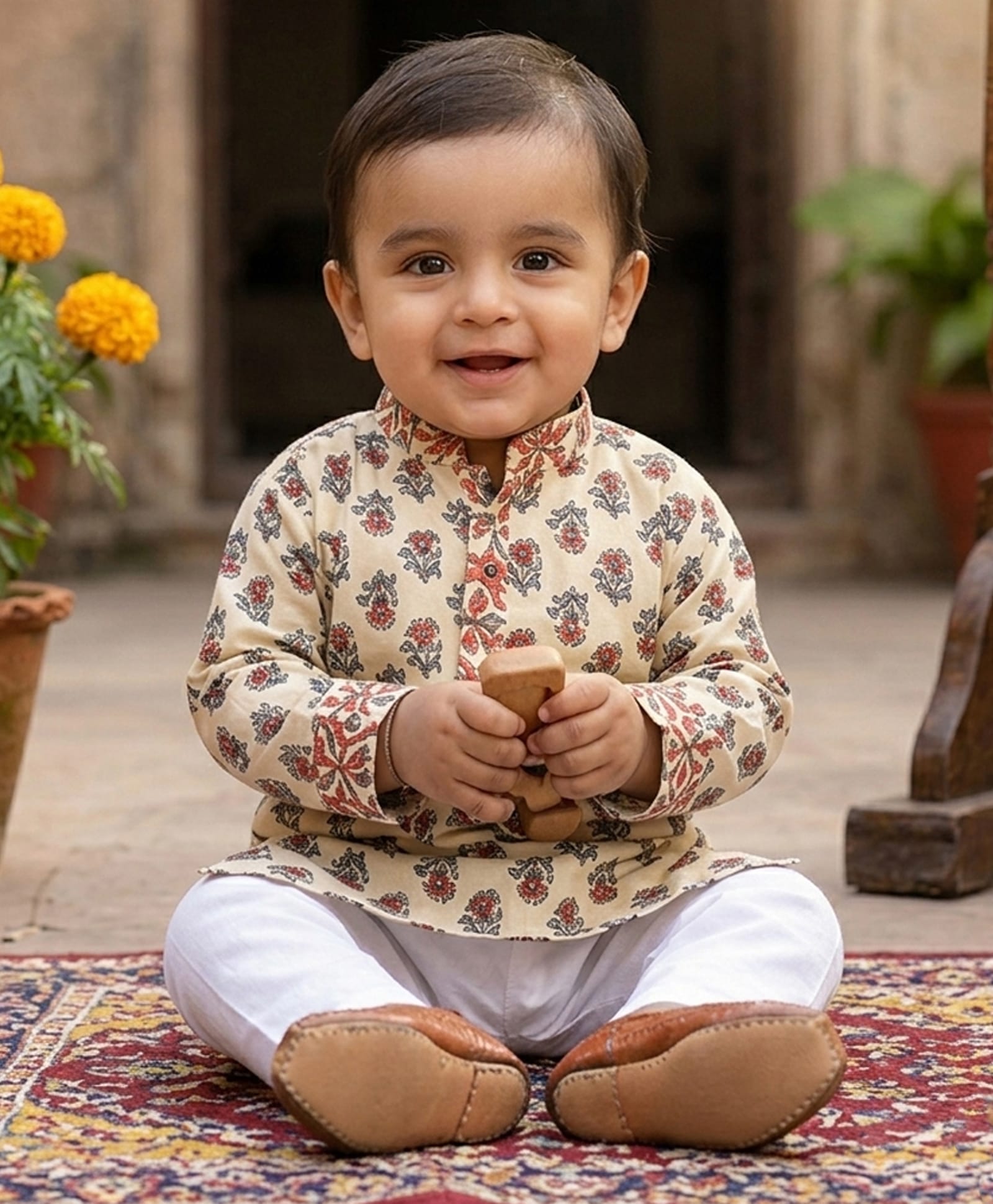 Kinder Kids Cotton Woven Full Sleeves Floral Printed Kurta & Pyjama Set - Cream-image-42