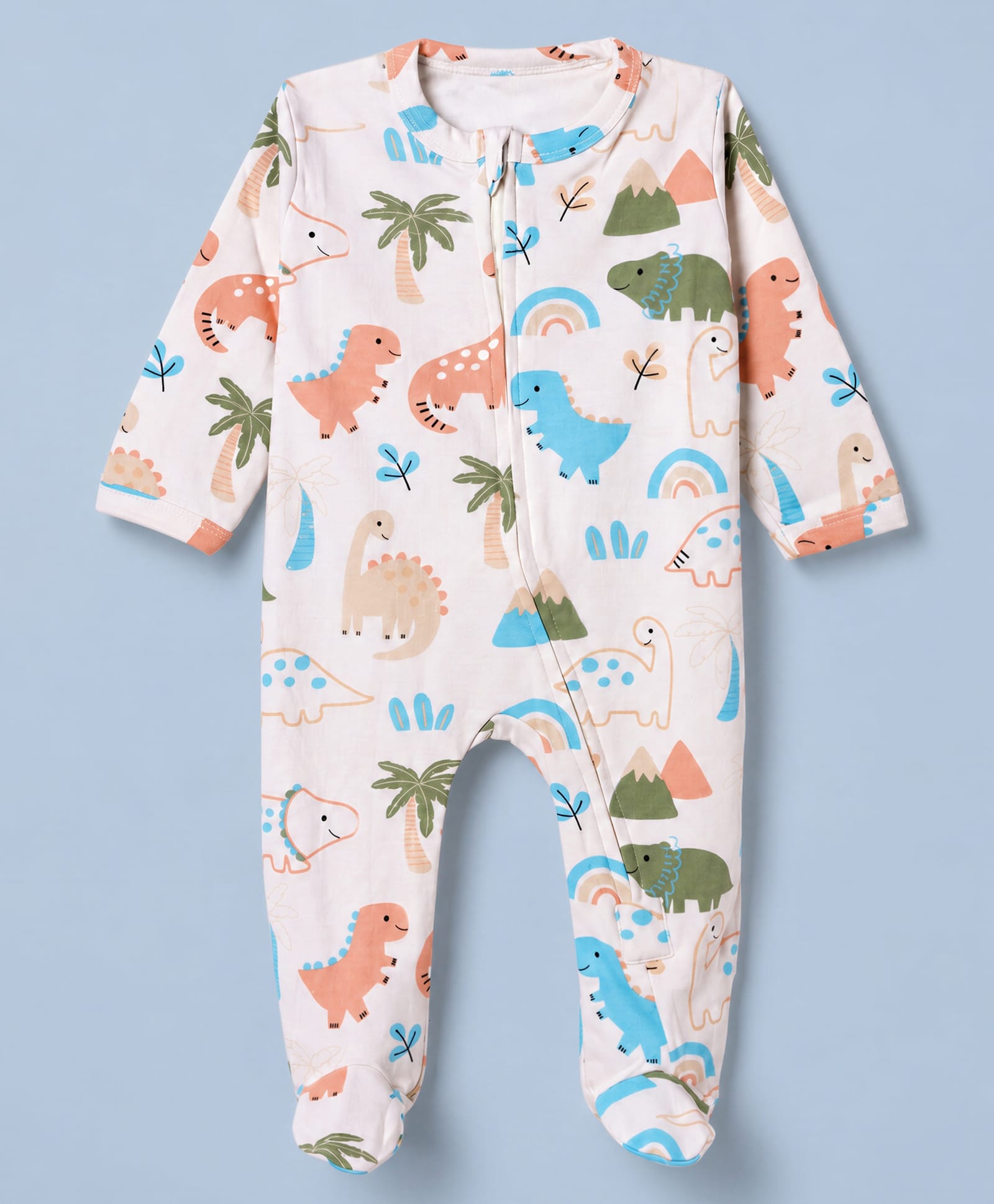 Babyhug Cotton Knit Full Sleeves Sleepsuit with Dinosaur & Coconut Tree Print - Cream-image-37