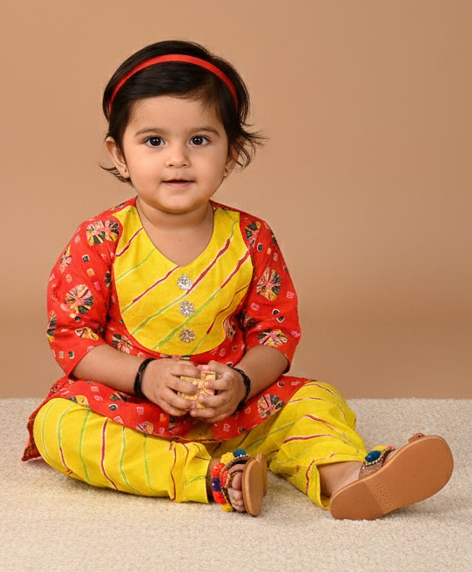 Kinder Kids Cotton Woven Three Fourth Sleeves Leheriya & Abstract Printed Kurti & Dhoti Set - Red & Yellow-image-44