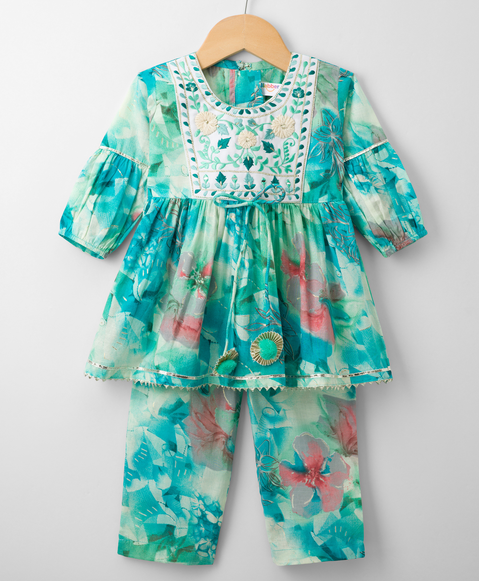 Blabber Three Fourth Sleeves Floral Embroidered & Printed Kurti Palazzo Set - Sea Blue-image-33
