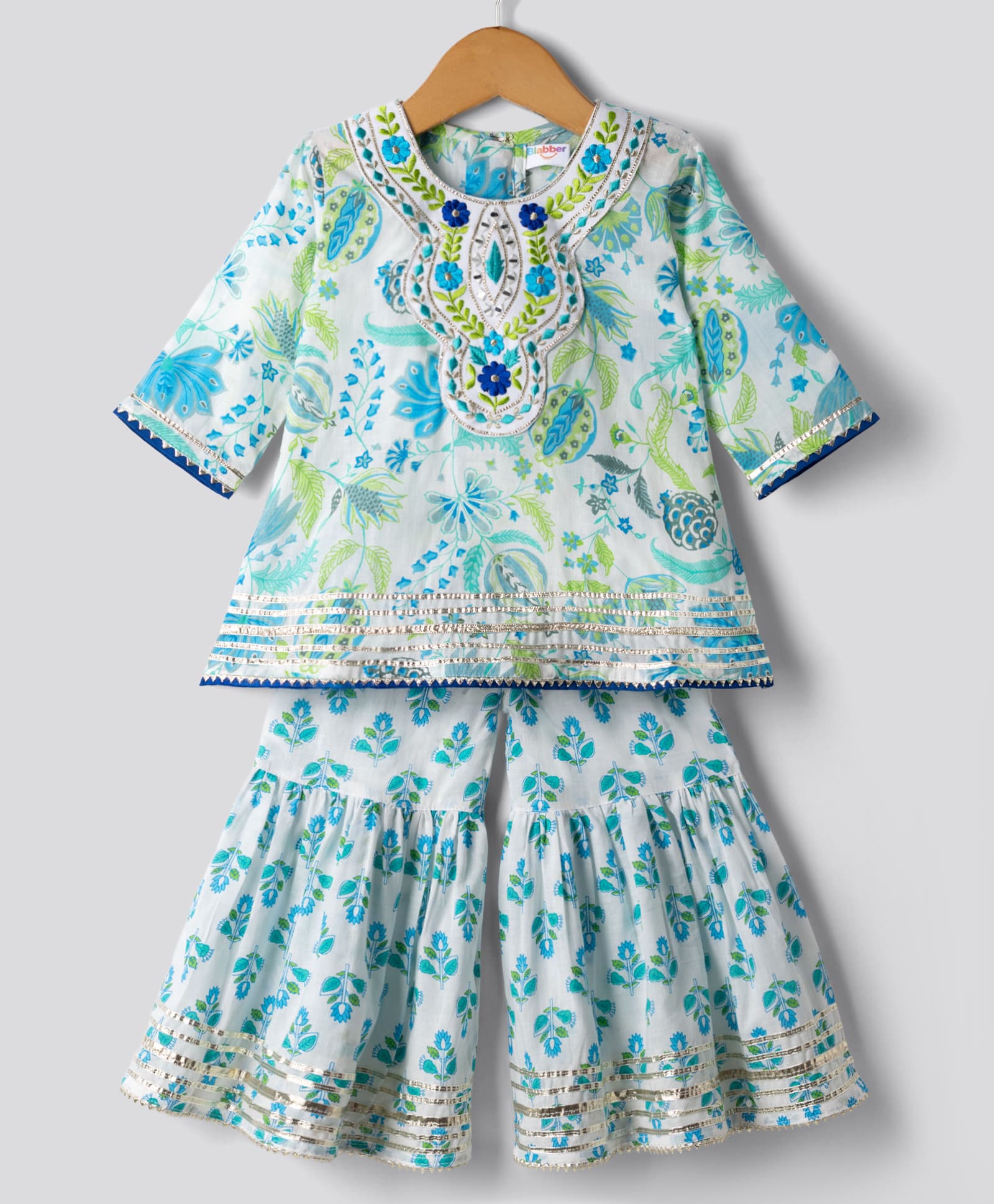 Blabber Three Fourth Sleeves Gota Lace Embellished Floral Printed & Embroidered Kurti Gharara Set - Blue-image-34