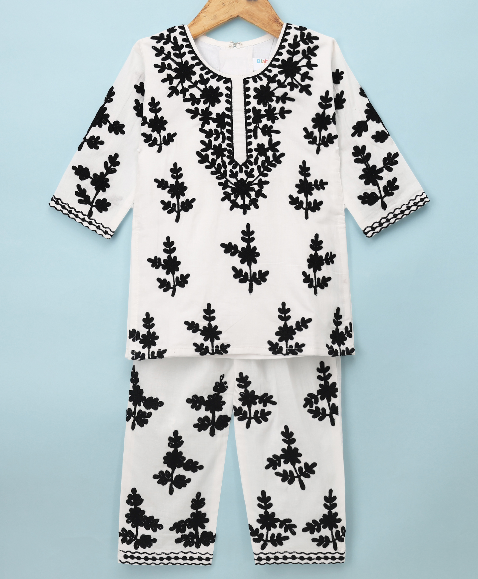 blabber three fourth sleeves coordinating floral embroidered kurti pyjama set - white