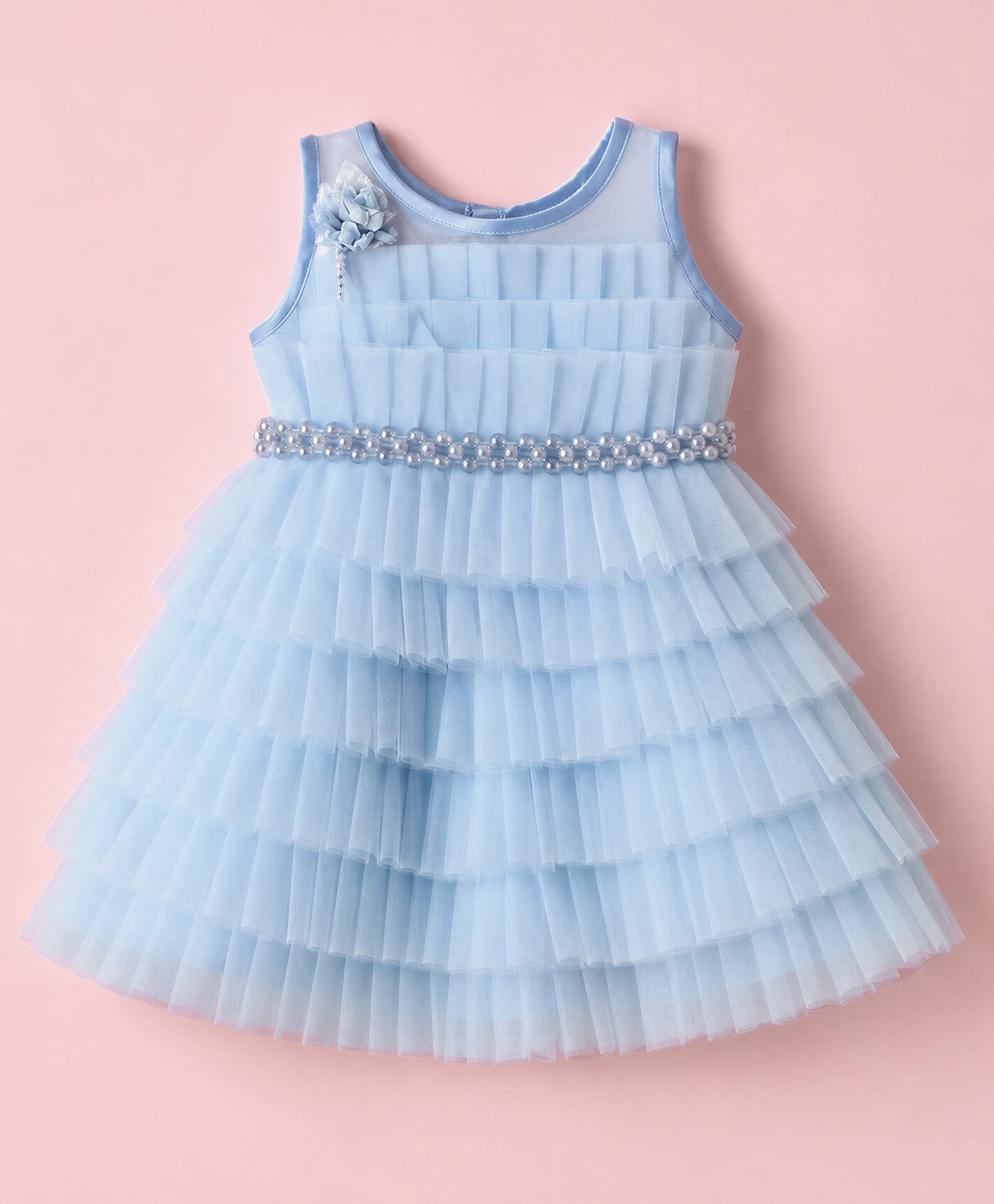 Enfance Net Knit Sleeveless Pleat Design Dress With Floral Applique & Stone Embellished Chain - Blue-picture-38