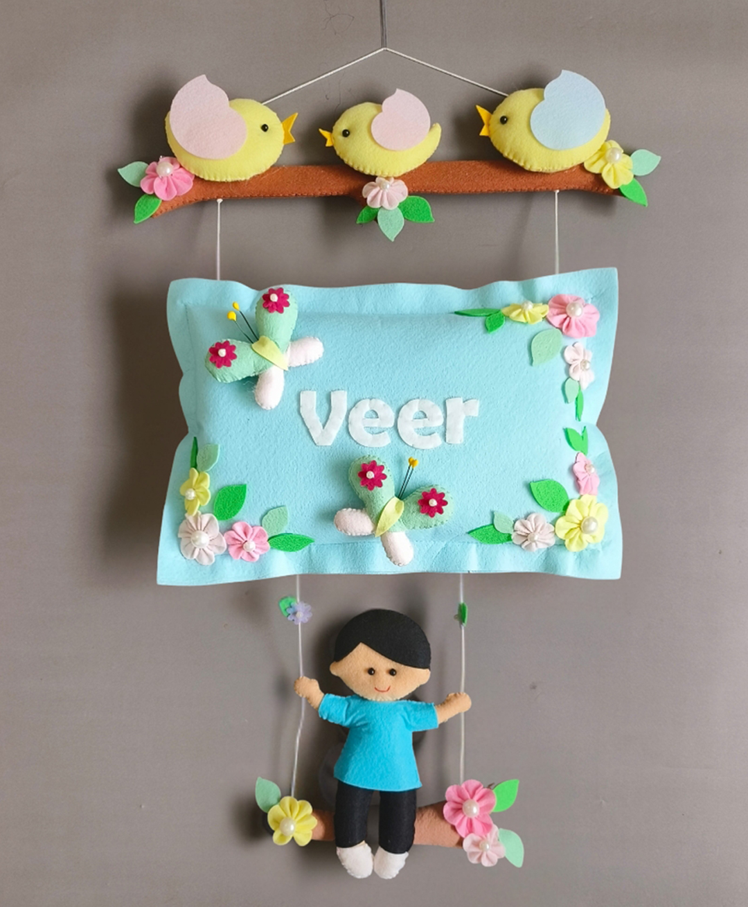 Kraft Affaires Personalized Bird family with boy on swing wall décor - Multi color-image-32