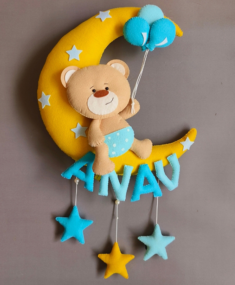 Kraft Affaires Personalized felt Teddy on moon with Balloons wall décor - multi color-image-45