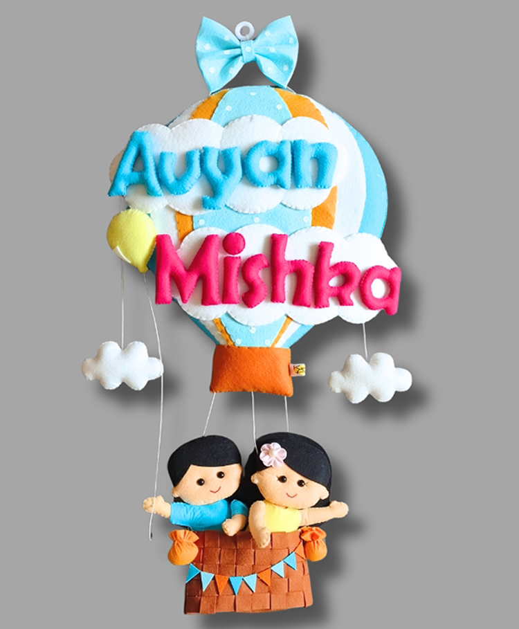 Kraft Affaires Personalized felt Big Hot Air Balloon with Siblings wall Hanging - Blue-image-43