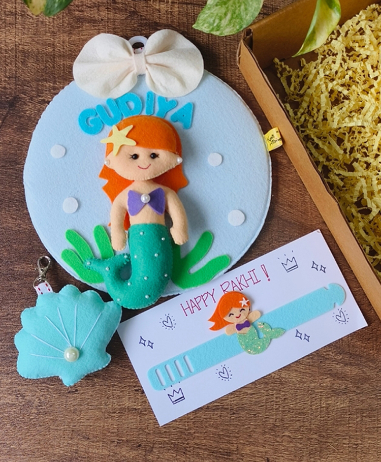 Kraft Affaires Personalized Mermaid Rakhi Hamper with Wall Hanging - Blue-image-38