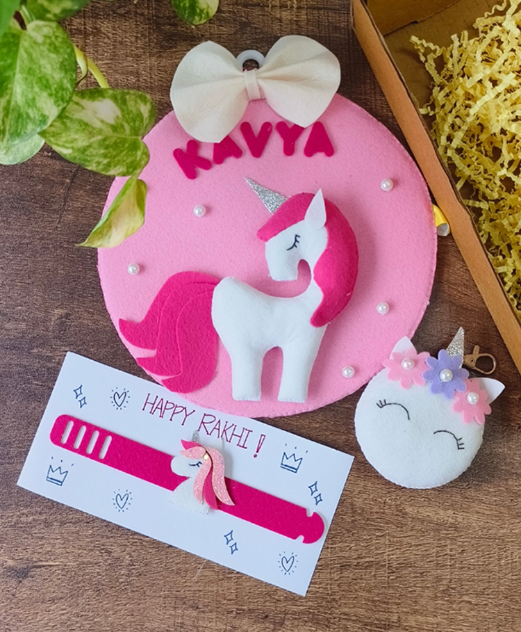 Kraft Affaires Personalized Unicorn Rakhi Hamper with Wall Hanging - Pink-image-2