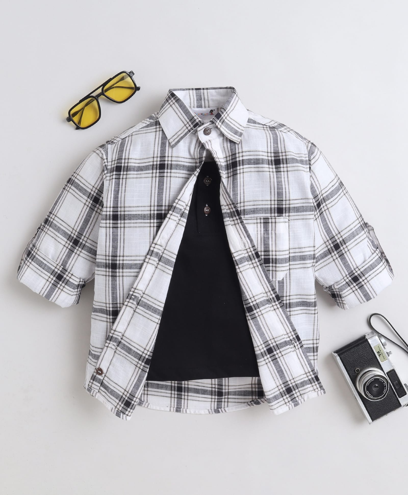 BAATCHEET Cotton Woven Full Sleeves Checked Shirt With Attached Tee - White-picture-15