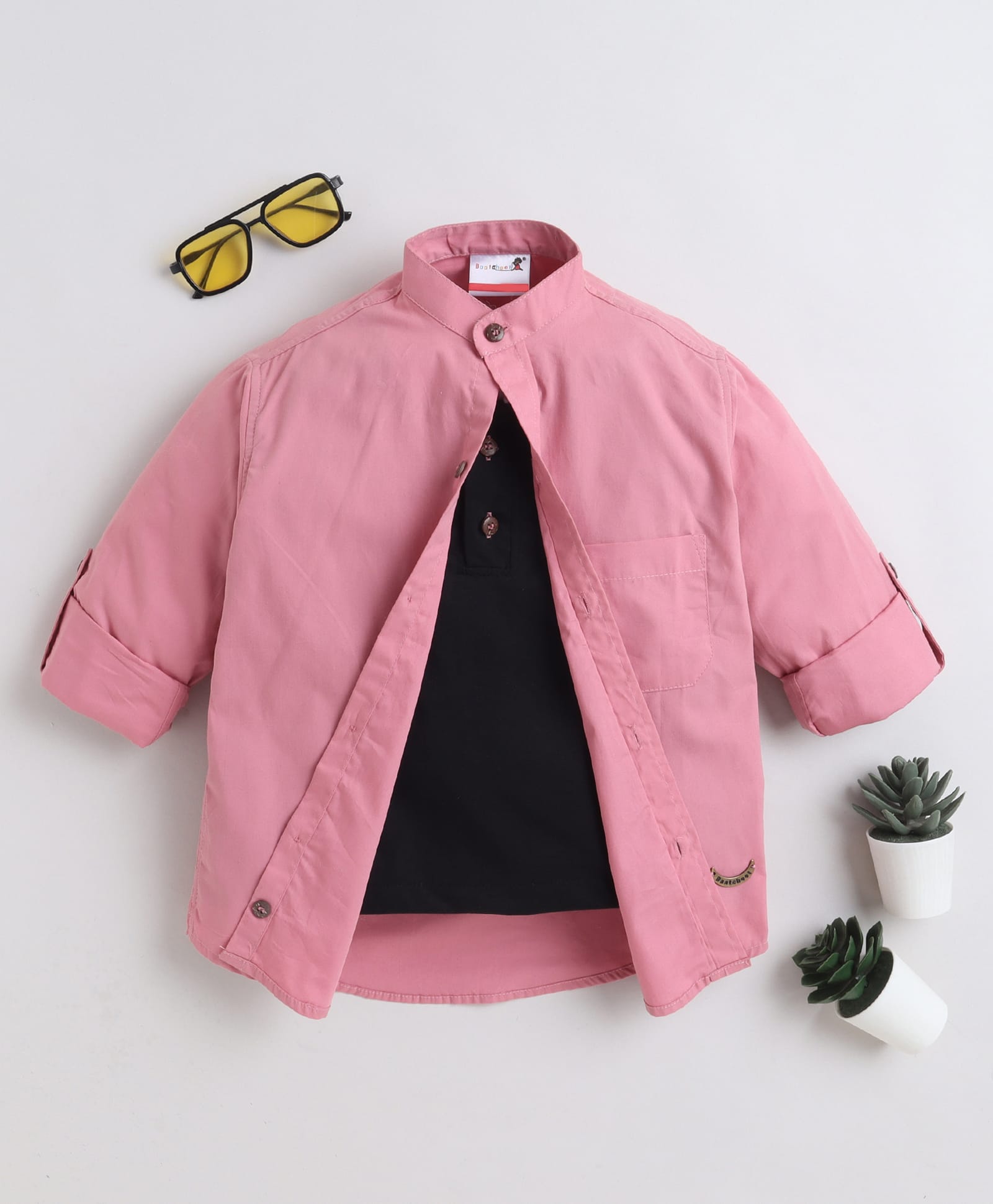 BAATCHEET Cotton Woven Full Sleeves Solid Shirt With Attached Tee - Pink-image-42