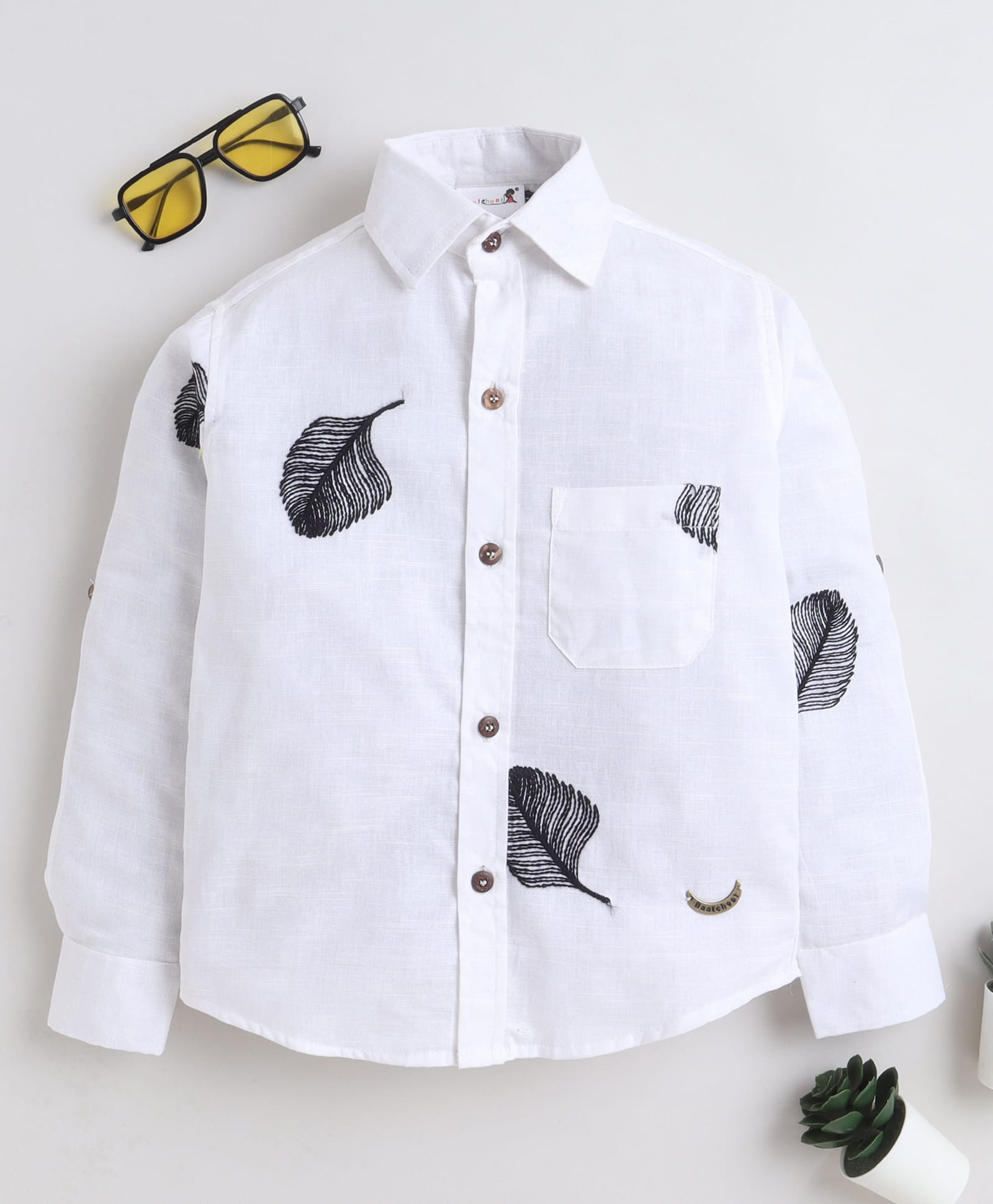 BAATCHEET Cottton Woven Full Sleeves Leaf Embroidered Shirt - White-picture-21
