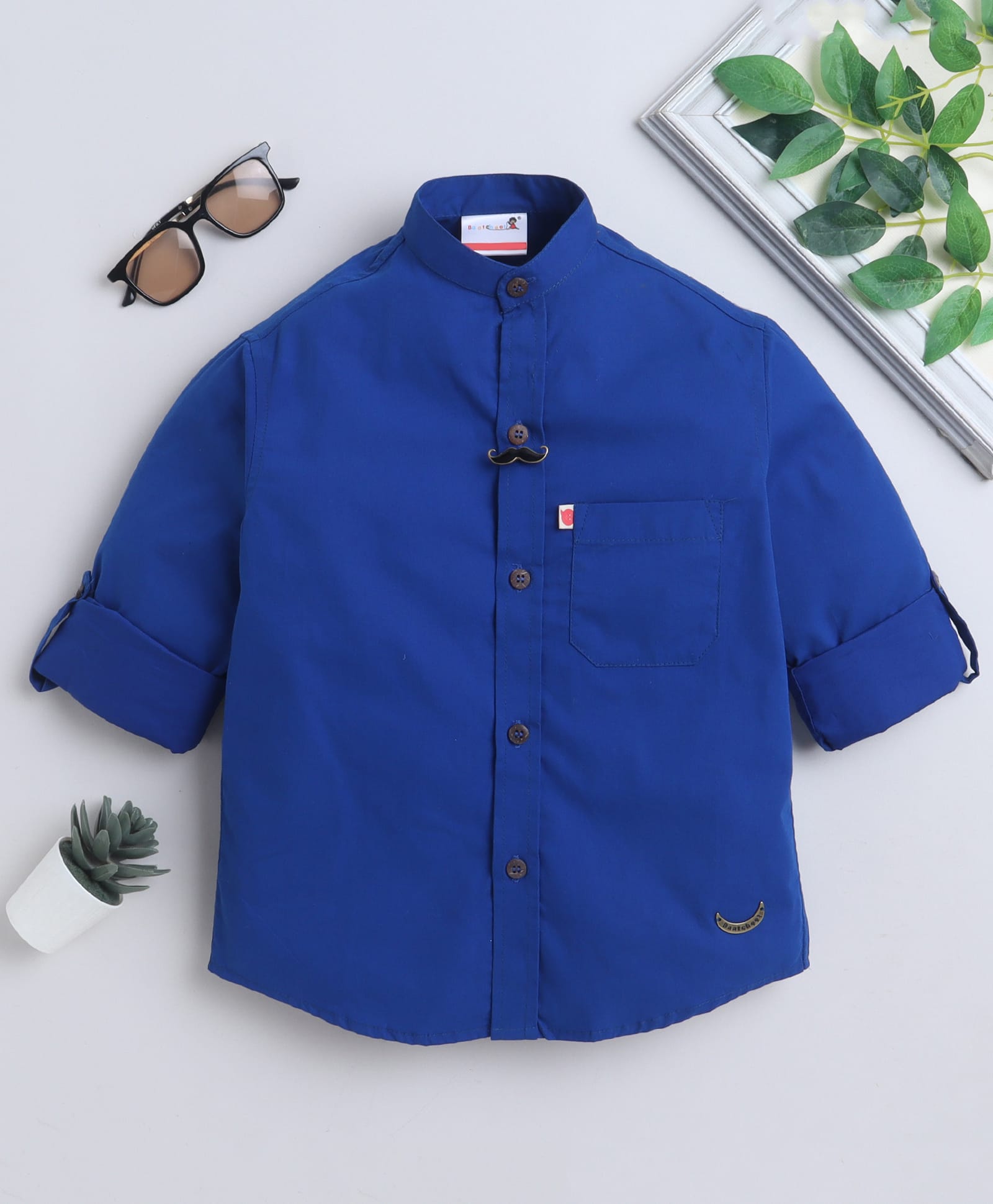 BAATCHEET Cotton Woven Full Sleeves Moustache Brooch Detailed Shirt - Blue-image-12