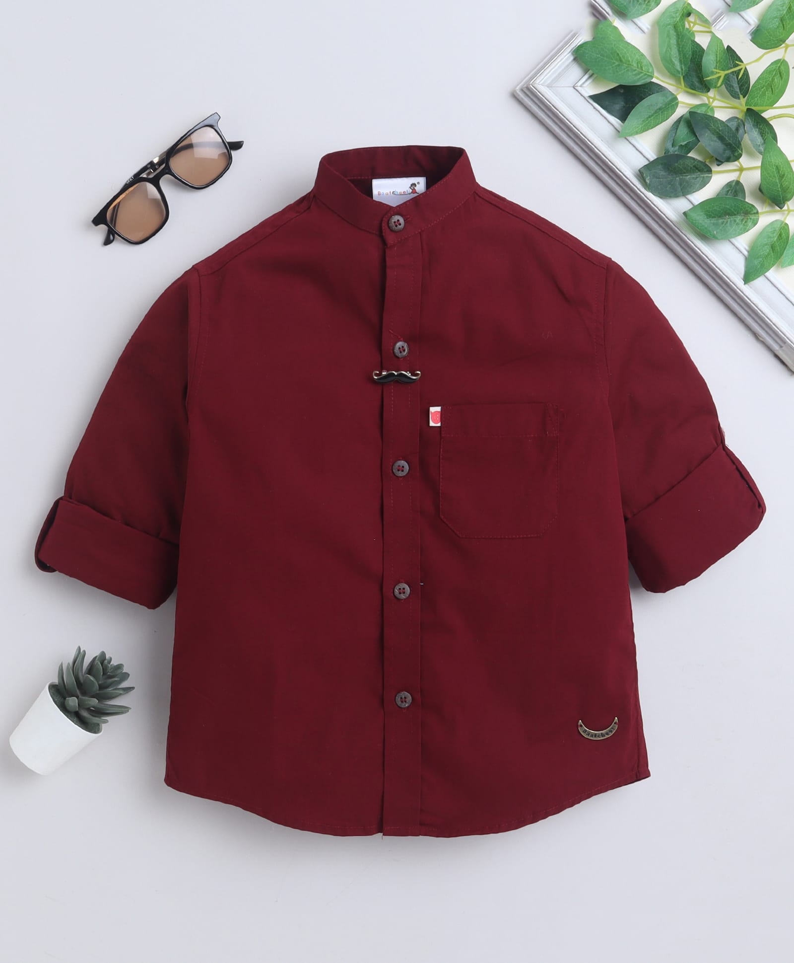 BAATCHEET Cotton Woven Full Sleeves Moustache Brooch Detailed Shirt - Maroon-picture-17
